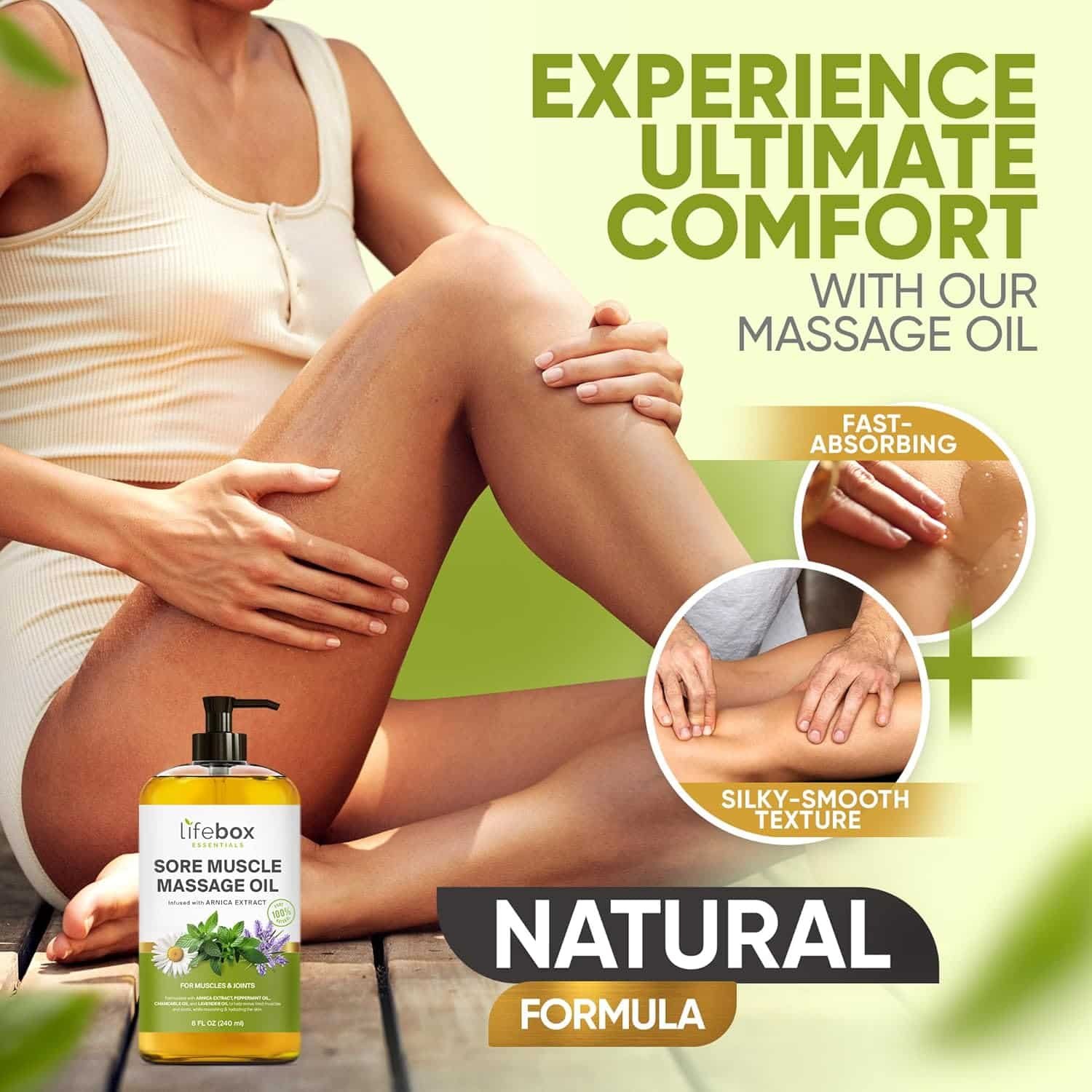Arnica Sore Muscle Massage Oil – 100% Pure  Natural - Massage Therapy for Muscles  Joints – Body Oil Infused with Arnica Extract, Lavender Oil, Peppermint Oil  Chamomile Oil – 8 FL OZ