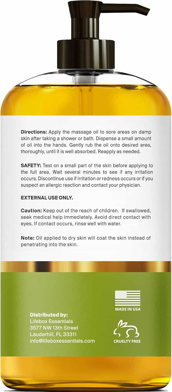 Arnica Sore Muscle Massage Oil – 100% Pure  Natural - Massage Therapy for Muscles  Joints – Body Oil Infused with Arnica Extract, Lavender Oil, Peppermint Oil  Chamomile Oil – 8 FL OZ