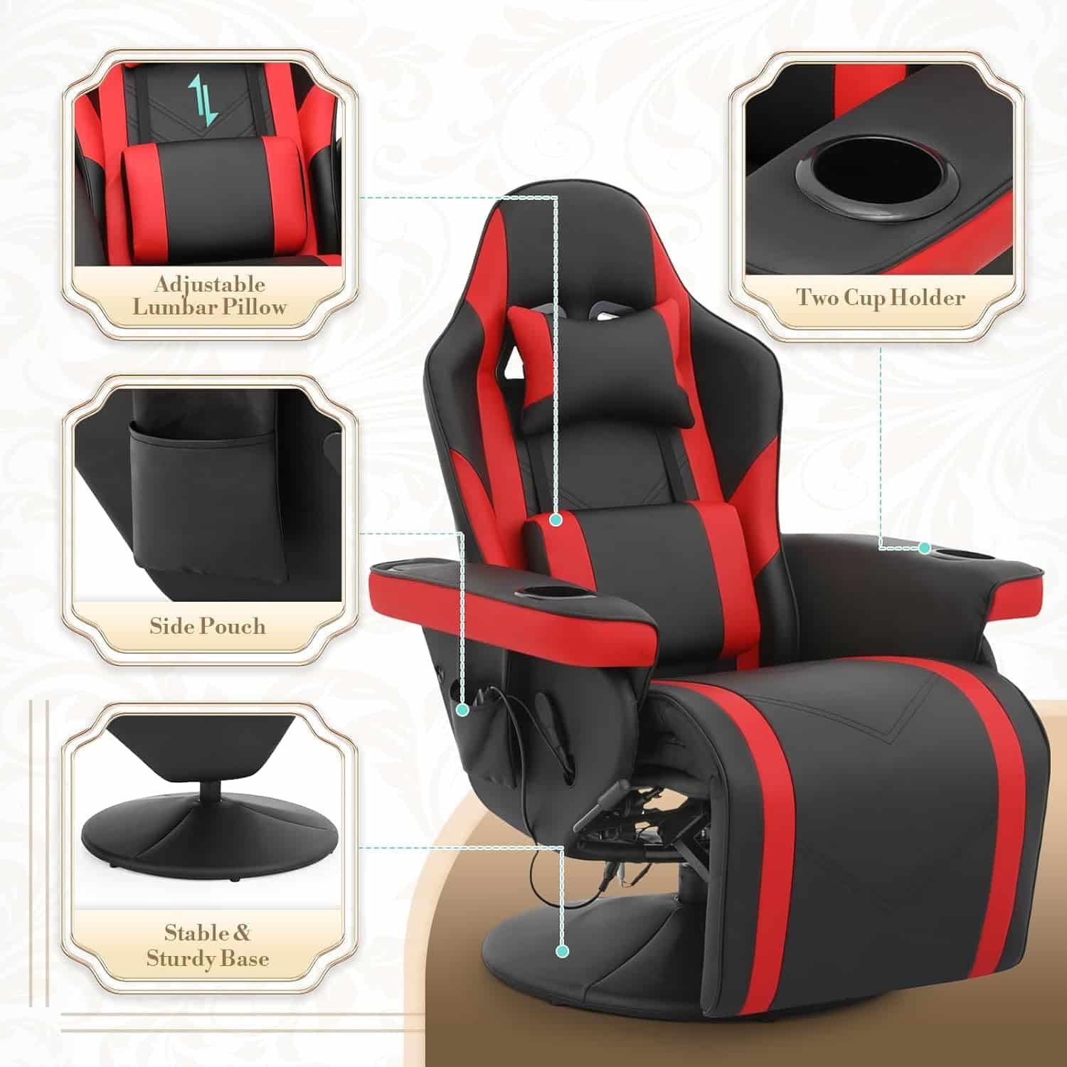 Athena Collection Massage Gaming Chair with Bluetooth Speaker Ergonomic Computer Chair Swivel Office Chair Adjustable PU Leather Recliner w/Footrest Lumbar Pillow Headrest Cup Holder Pouch, Red
