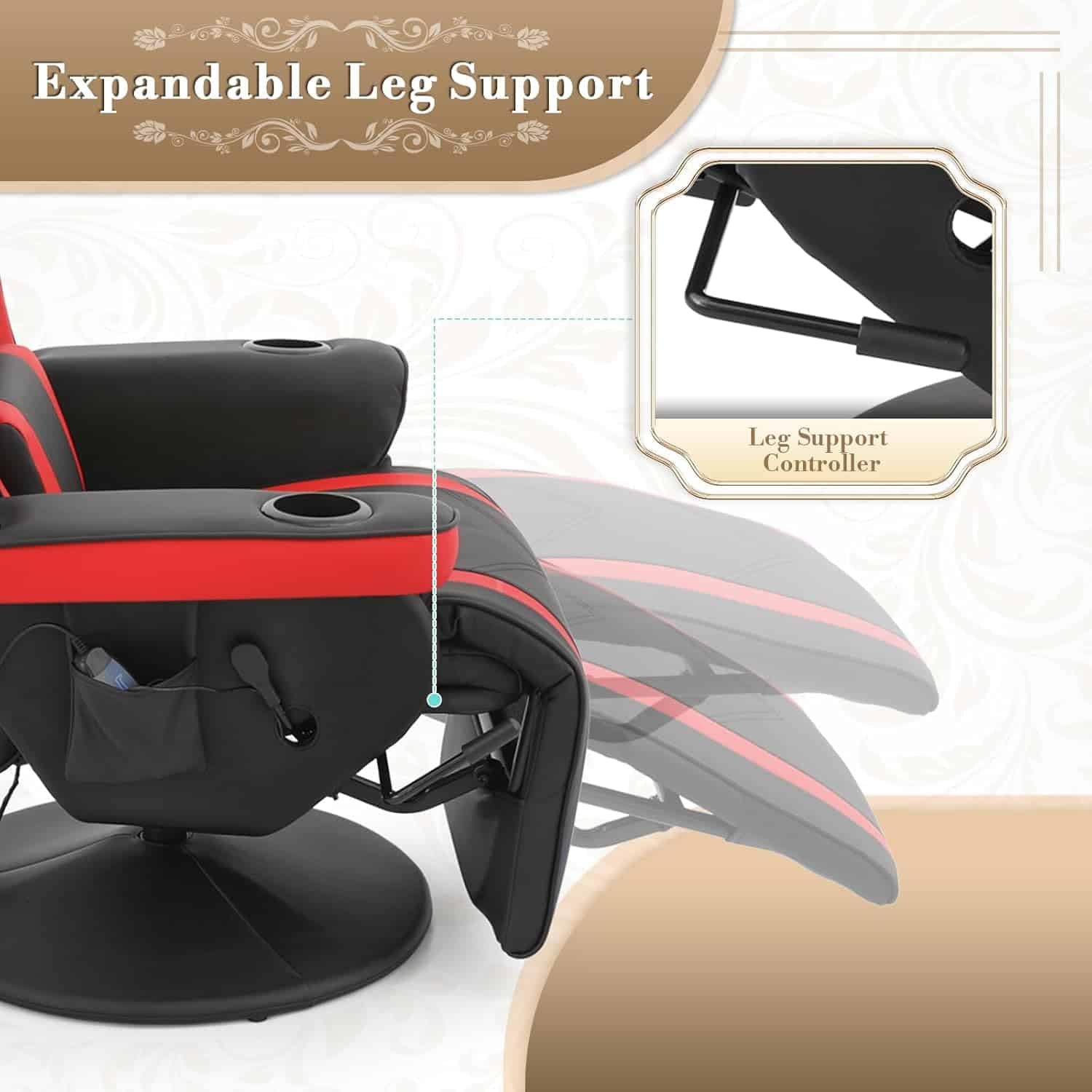 Athena Collection Massage Gaming Chair with Bluetooth Speaker Ergonomic Computer Chair Swivel Office Chair Adjustable PU Leather Recliner w/Footrest Lumbar Pillow Headrest Cup Holder Pouch, Red