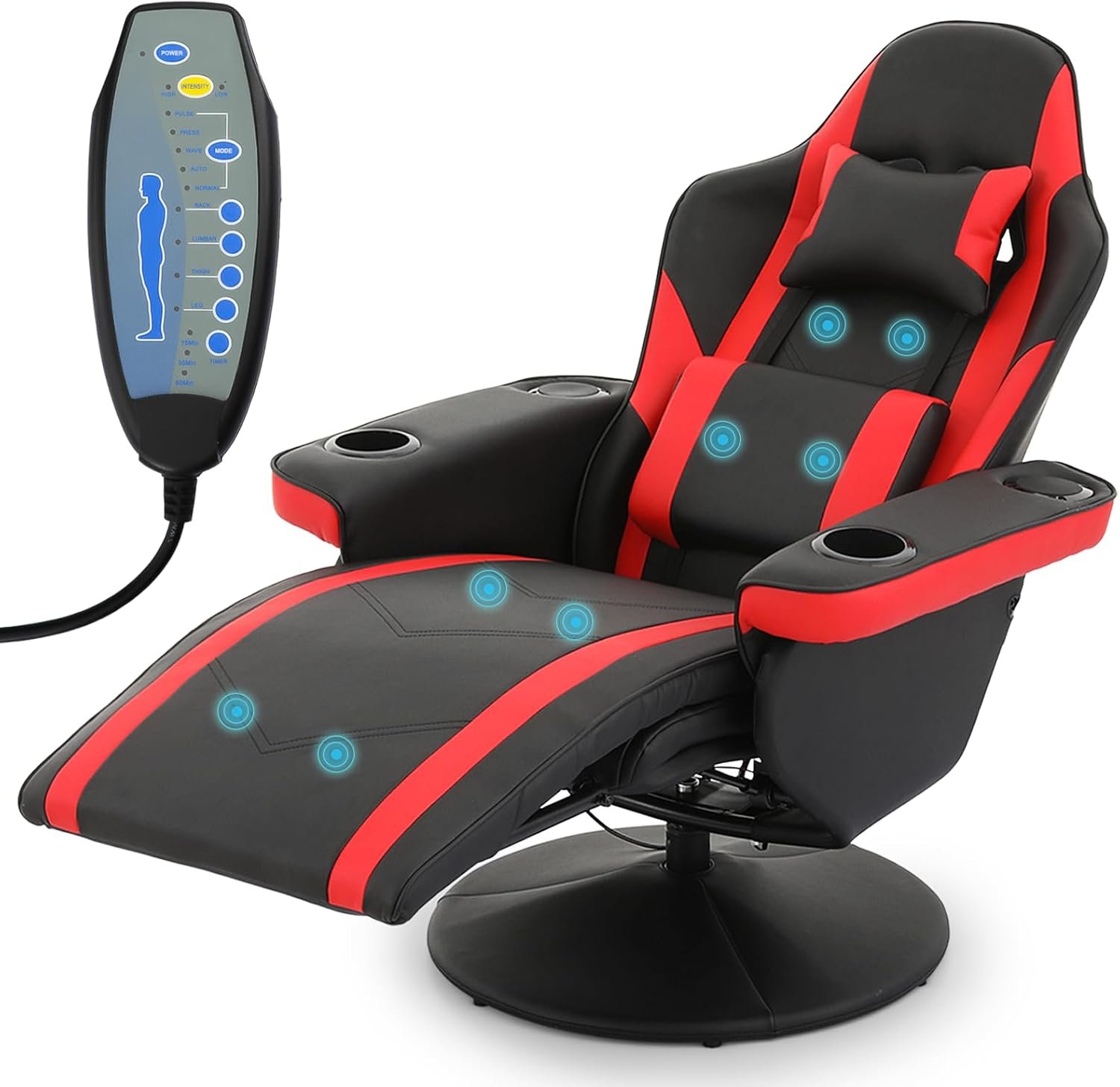 Athena Collection Massage Gaming Chair with Bluetooth Speaker Ergonomic Computer Chair Swivel Office Chair Adjustable PU Leather Recliner w/Footrest Lumbar Pillow Headrest Cup Holder Pouch, Red