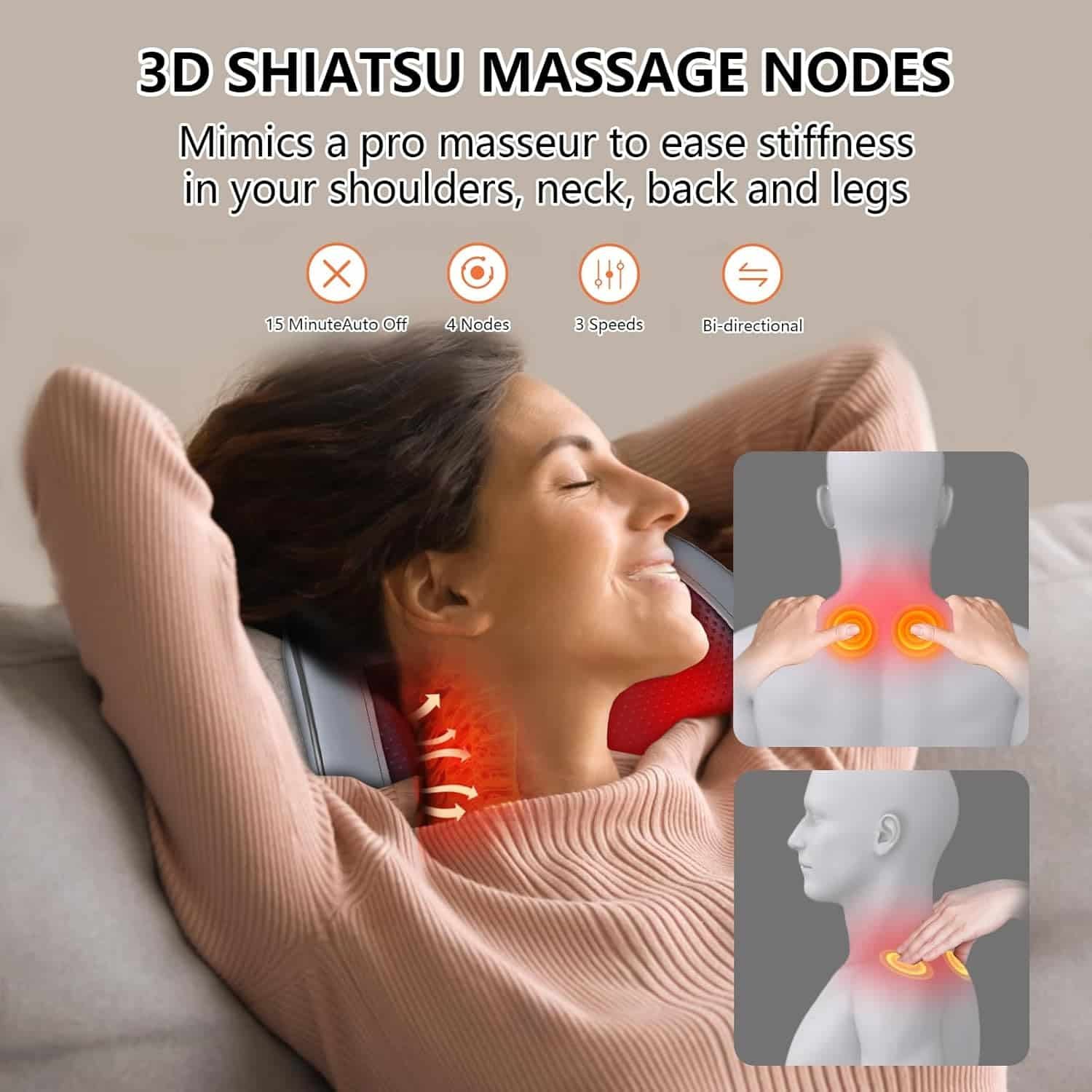 Back Massager with Heat, Back  Neck Massager for Pain Relief Deep Tissue, 3D Kneading Massage Pillow for Upper and Lower Shoulder, Portable Masssager Gifts for Women, Men Mom Dad