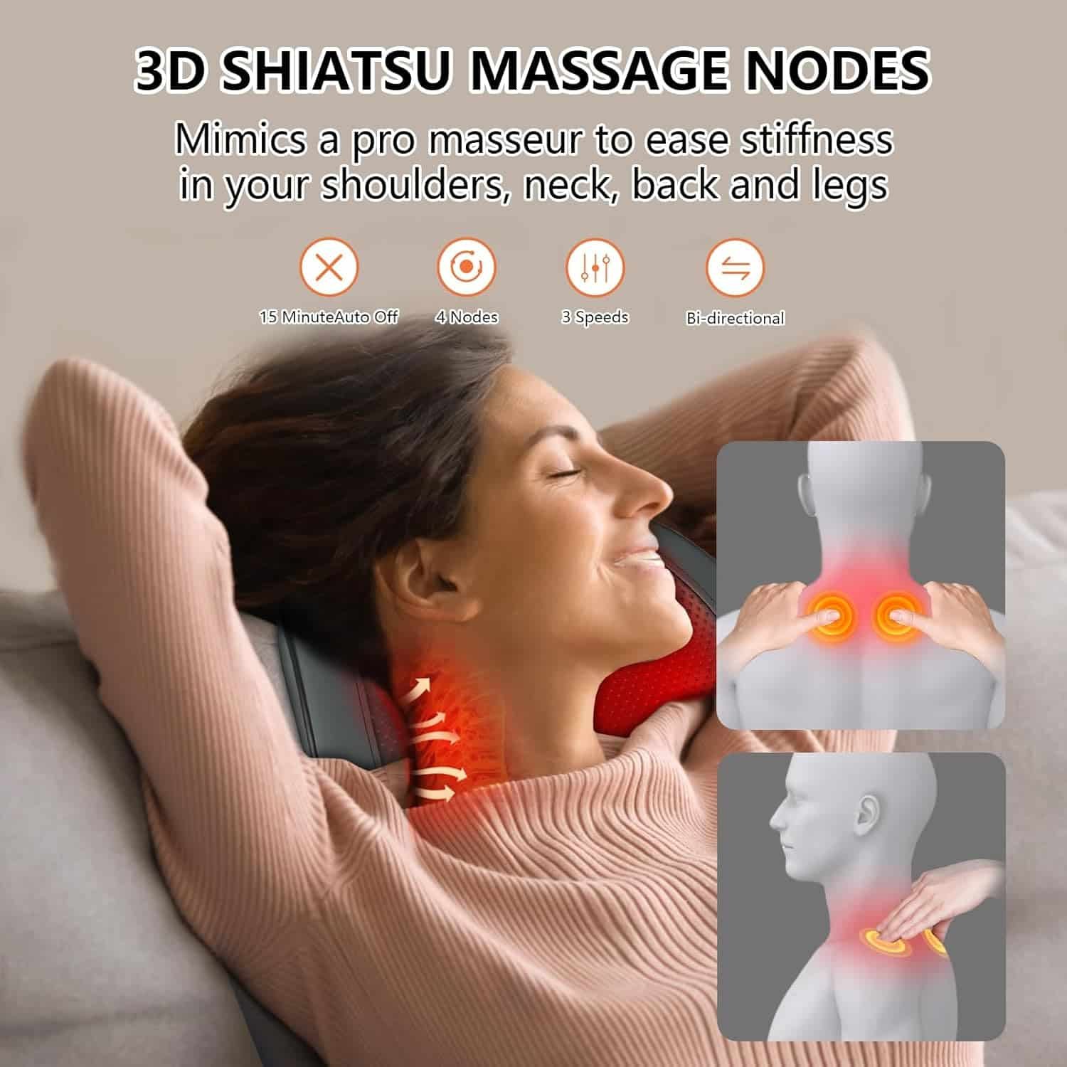 Back Massager with Heat, Back  Neck Massager for Pain Relief Deep Tissue, 3D Kneading Massage Pillow for Upper and Lower Shoulder, Portable Masssager Gifts for Women, Men Mom Dad