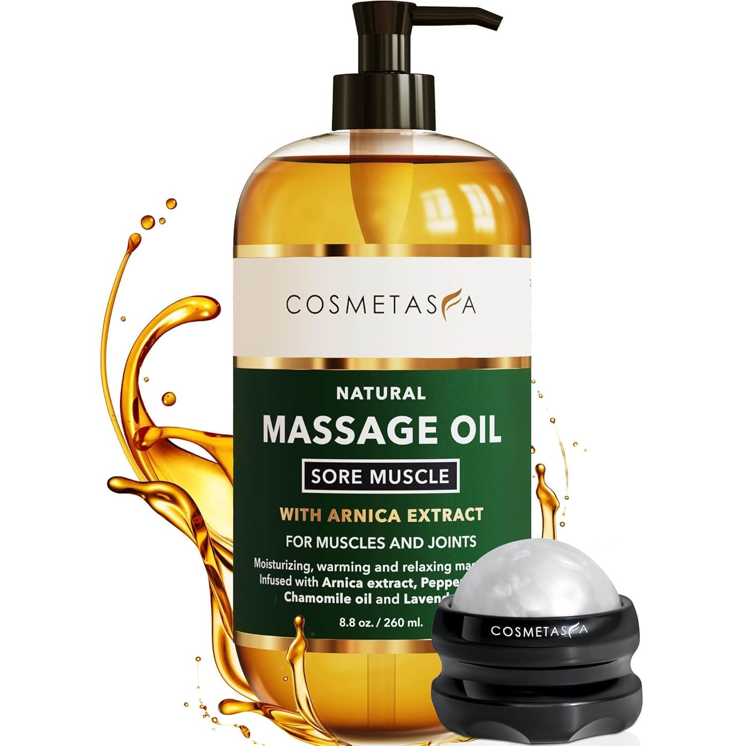 Cosmetasa Massage Oil for Sore Muscles with Roller Ball - Soothes Joints  Muscles with Arnica, Lavender Oil, Peppermint Oil  Chamomile Extract, Unisex
