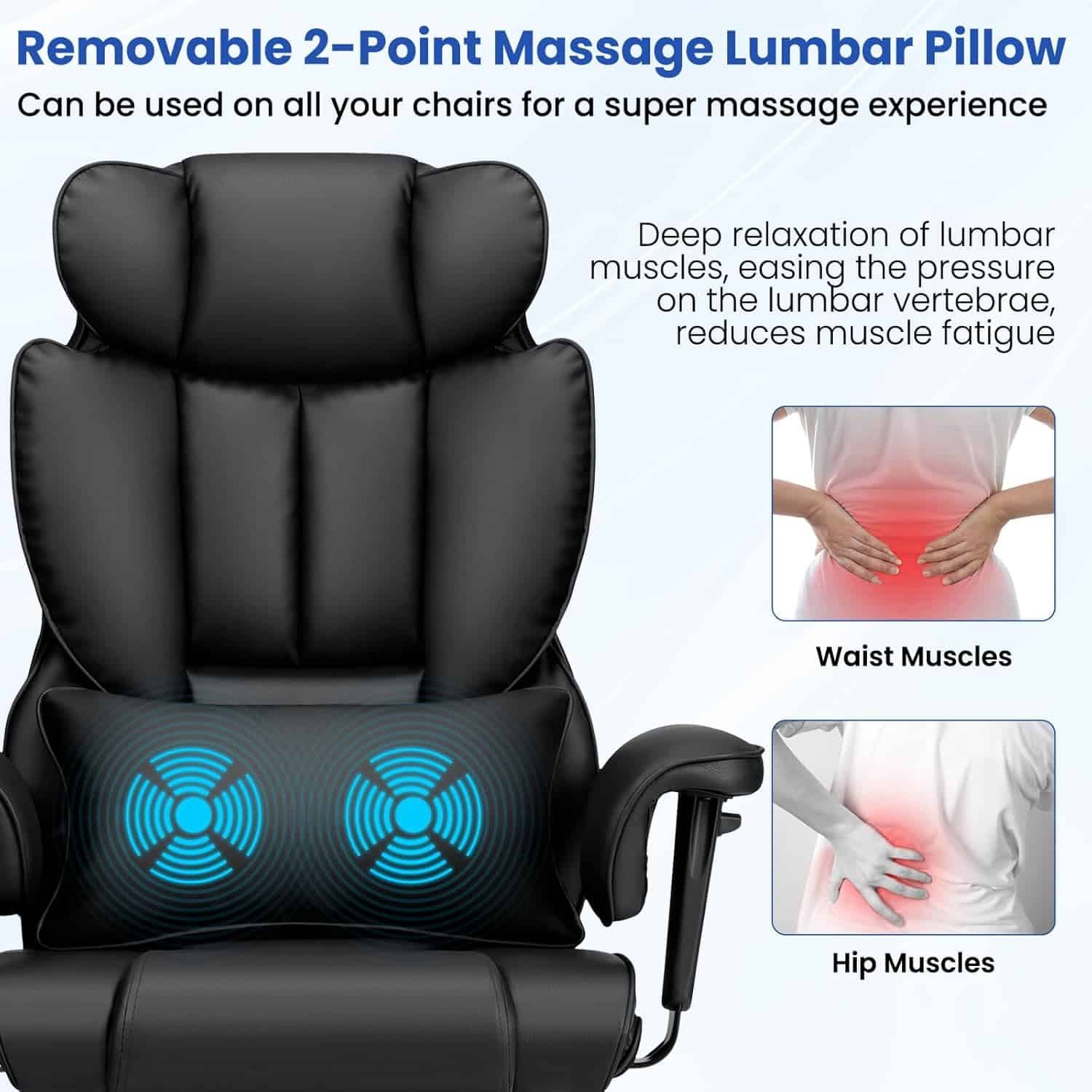 Executive Office Chair Big and Tall with Massage Lumbar Support Heavy Duty Desk Chair with Reclining Office Chair with Footrest High Back Ergonomic PU Leather Chair for Heavy People Black