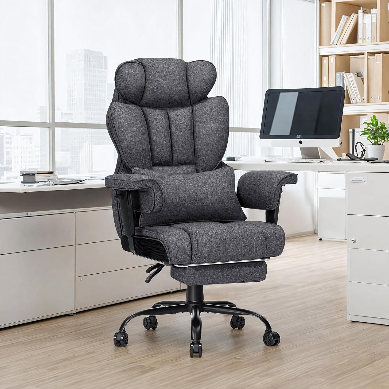 Executive Office Chair Big and Tall with Massage Lumbar Support Heavy Duty Desk Chair with Reclining Office Chair with Footrest High Back Ergonomic PU Leather Chair for Heavy People Black