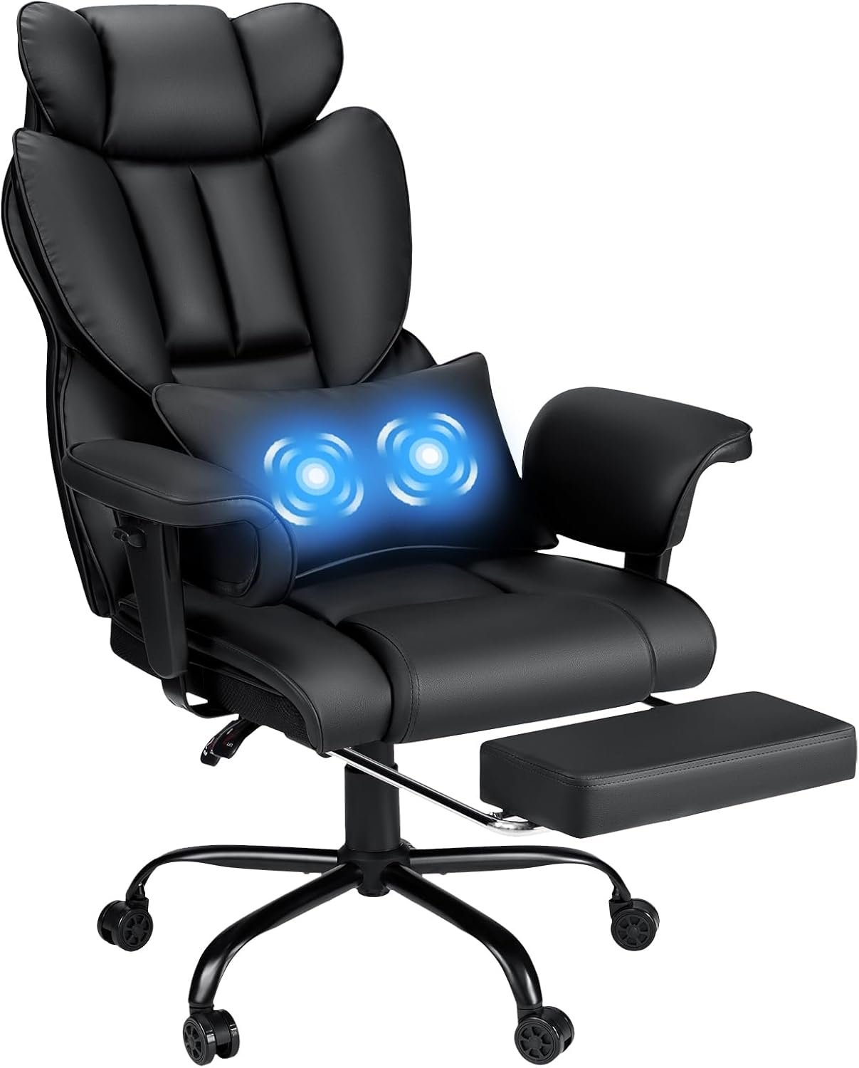 Executive Office Chair Big and Tall with Massage Lumbar Support Heavy Duty Desk Chair with Reclining Office Chair with Footrest High Back Ergonomic PU Leather Chair for Heavy People Black