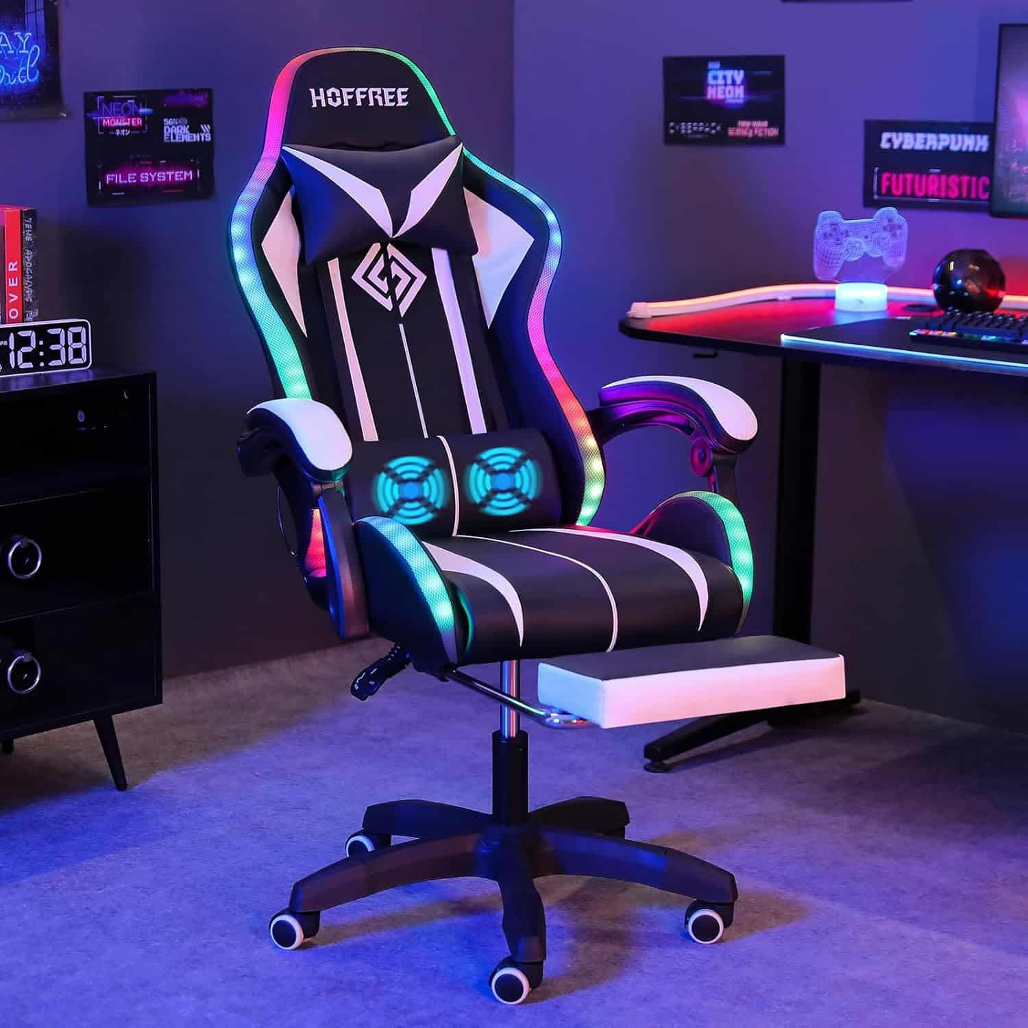 Gaming Chair Massage with LED RGB Lights and Footrest Ergonomic Computer Chair High Back Video Game Chair with Adjustable Lumbar Support Linkage Armrest White and Black