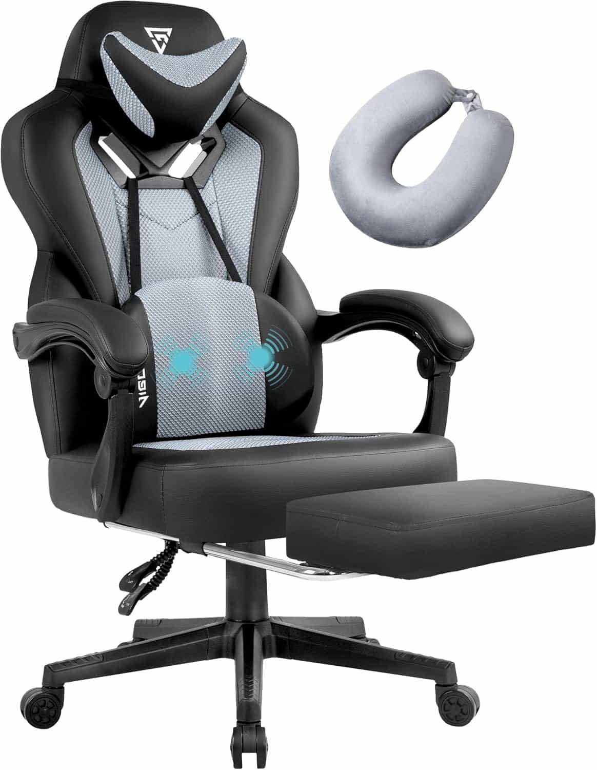 Gaming Chair PRO, Ergonomic Gaming Chairs for Adults Heavy People, Massage Reclining Office Desk Computer Chair with Footrest and Lumbar Support, Big Tall Mesh Gamer Chair with Cushion (Grey)