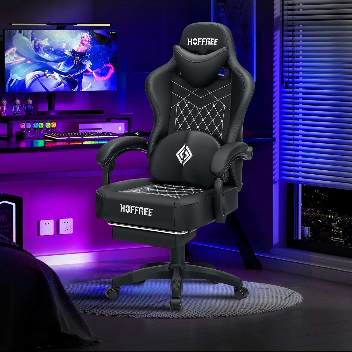 HOFFREE Gaming Chair Computer Chair with Speakers Massage Game Chairs with Footrest Bluetooth High Back Ergonomic Computer Gaming Chairs for Adults Reclining Video Gamer Chair Black