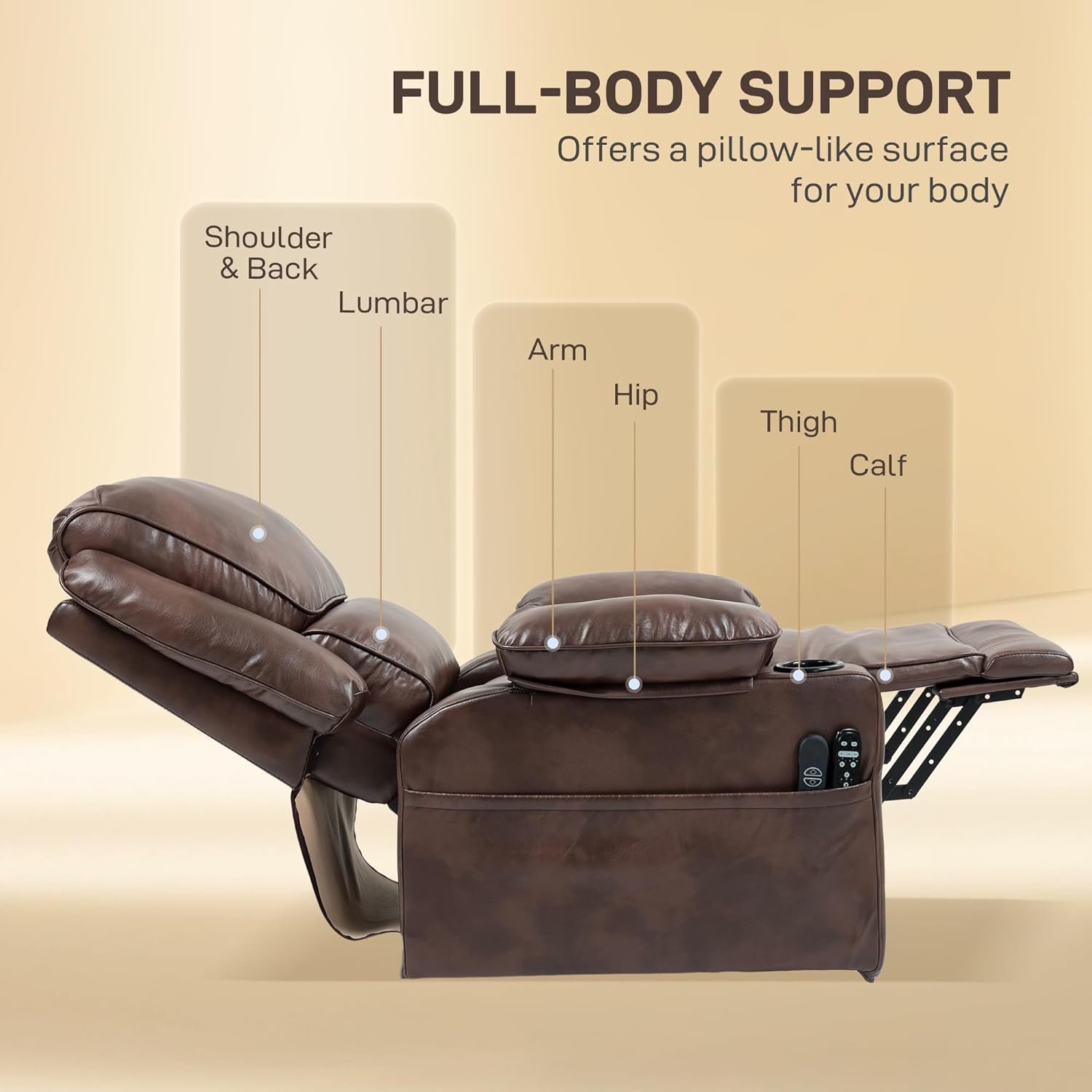 HOMCOM Power Lift Recliner Chair Sofa with Vibration Massage and Heat, Faux Leather Wide Lift Chair for Elderly, Overstuffed Reclining Chair with Remote Control, USB Port and Side Pockets, Brown