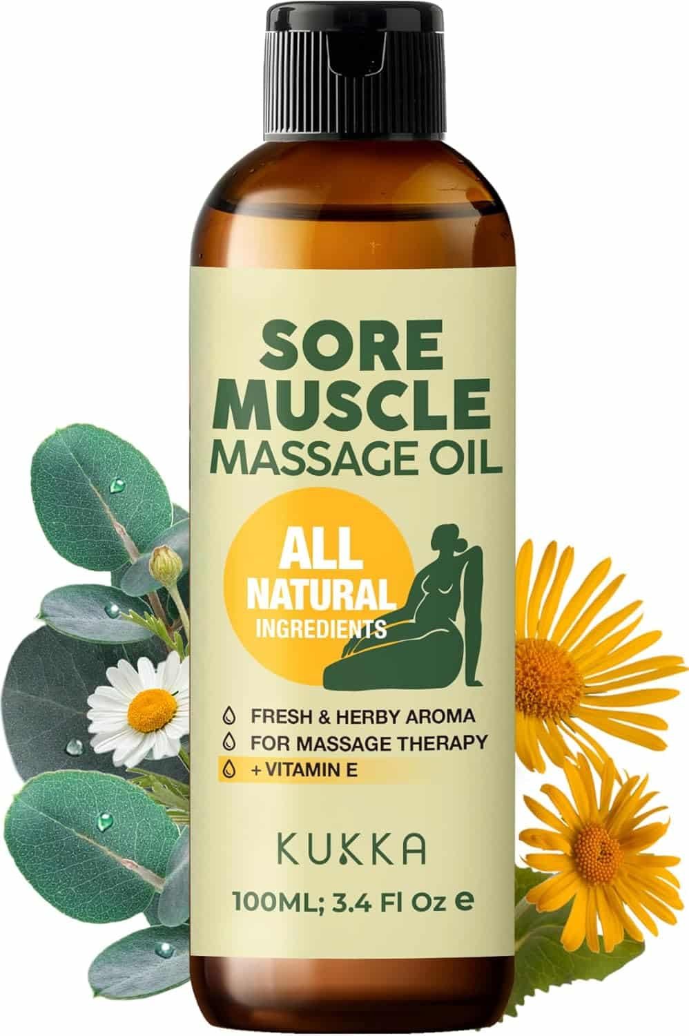 Kukka Sore Muscle Massage Oil for Massage Therapy - 3.4 Fl Oz - 100% Pure Natural, Eucalyptus  Roman Chamomile, Relaxing Body  Face Oil for Sore Muscles, Spa  Yoga, Light Weight