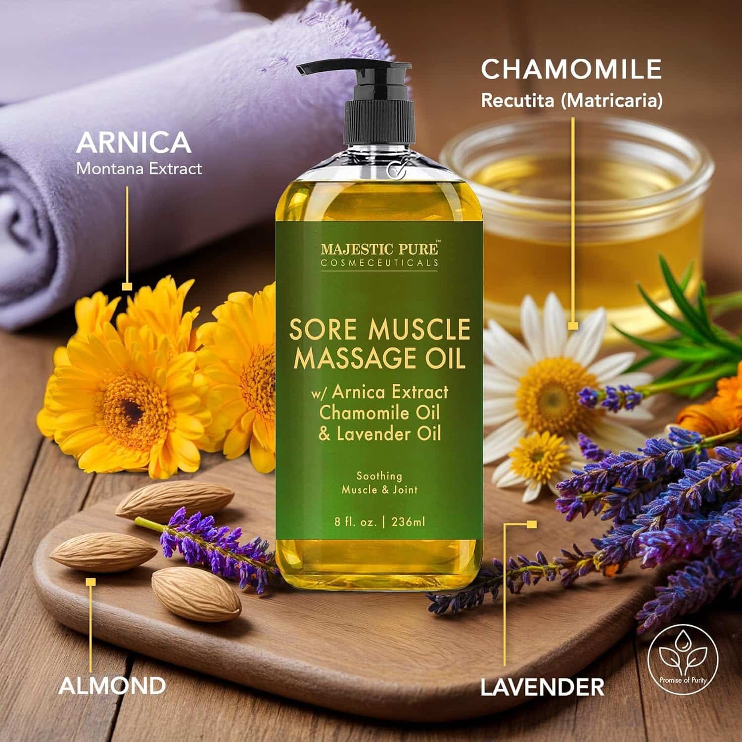 Majestic Pure Arnica Sore Muscle Massage for Massage Therapy - Natural Oil with Lavender and Chamomile Essential Oils - Multipurpose Instant Absorption Full Body Massage Oil - 8 Fl Oz (Pack of 1)