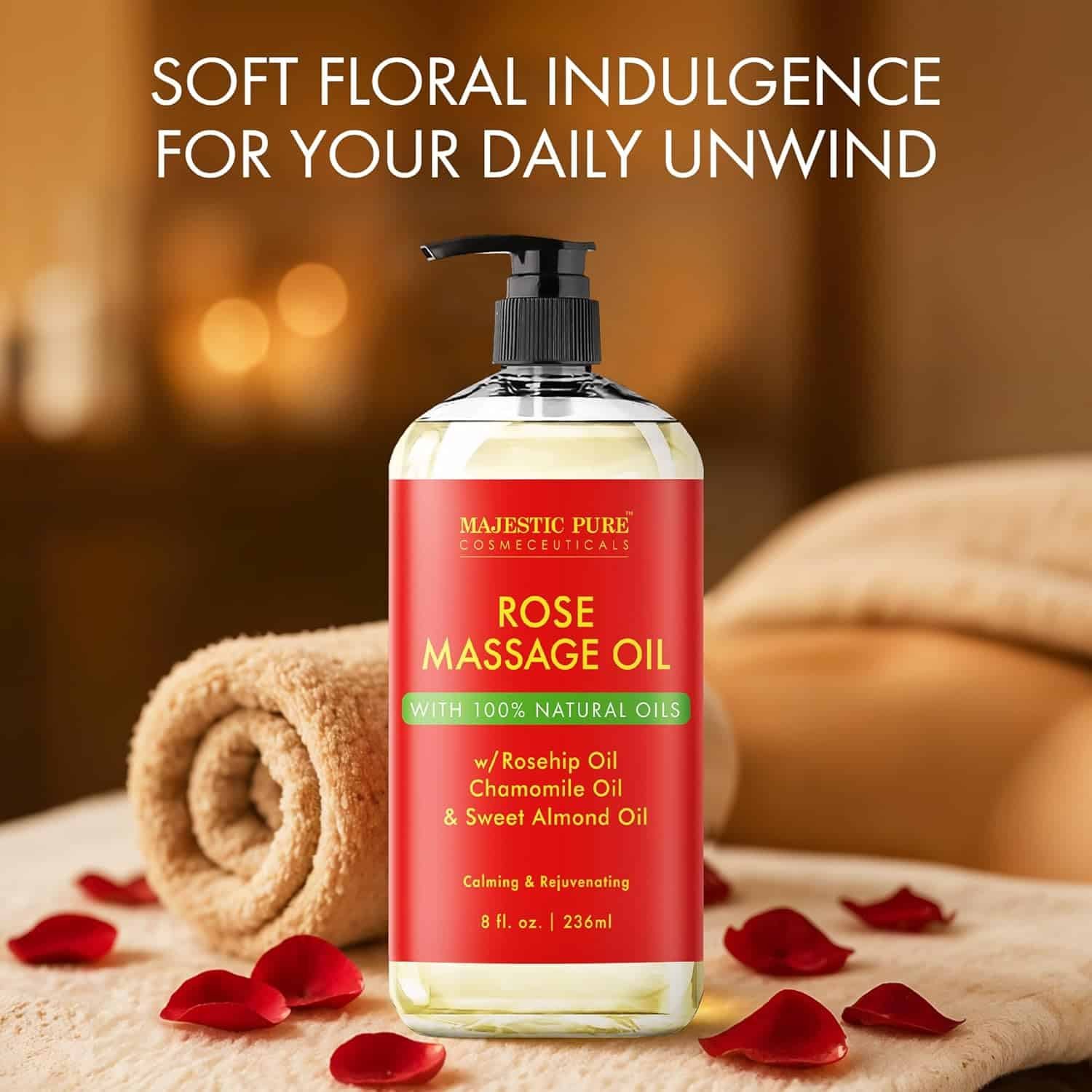 MAJESTIC PURE Cocoa Massage Oil for Massage Therapy - Refreshing, and Relaxing - Natural Oils with Cocoa Butter, Vitamin E  Lavender Oil - for All Skin Types - Men and Women - 8 fl oz