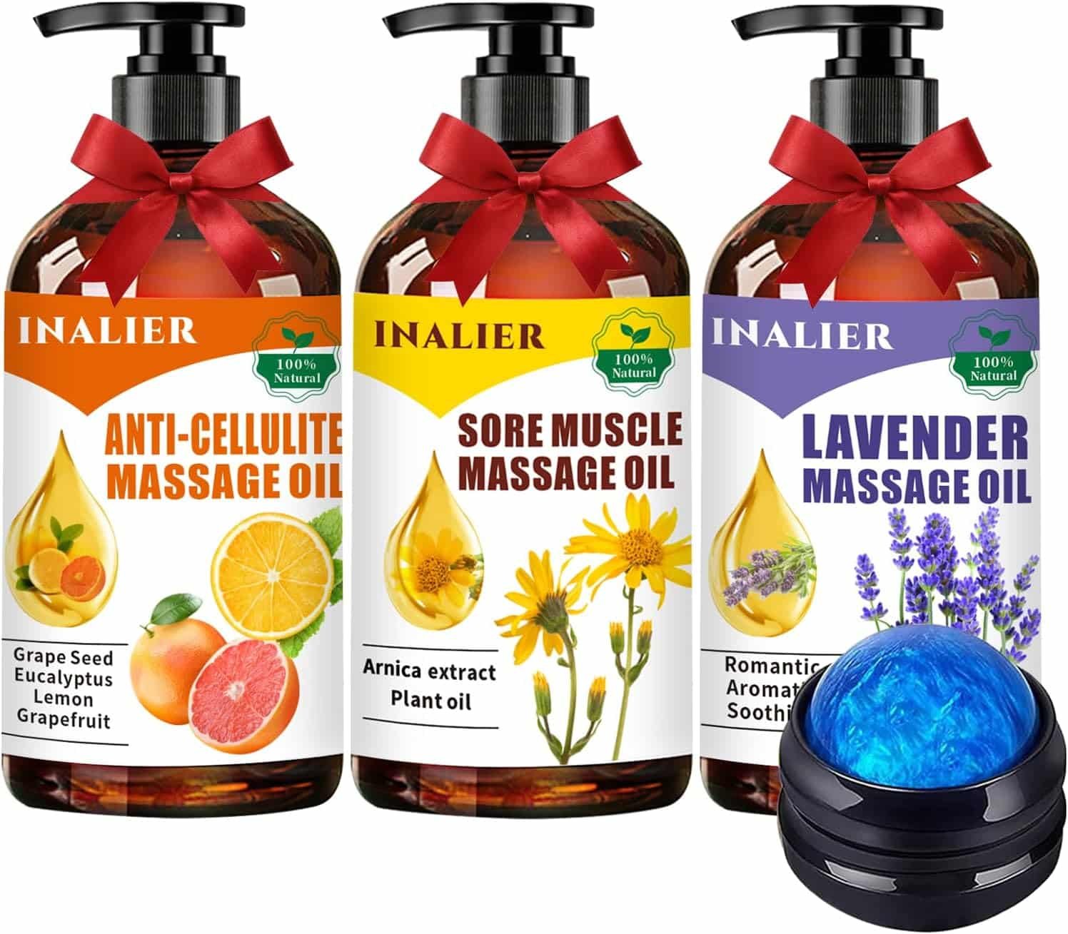 Massage Oils for Massage Therapy,Fathers Day Gift for Husband,Mothers Day Gifts for Wife,Spa Gifts,Gifts for Her Him Men,3 Pack Cellulite,Sore Muscle Lavender Massage Oils with Massage Ball