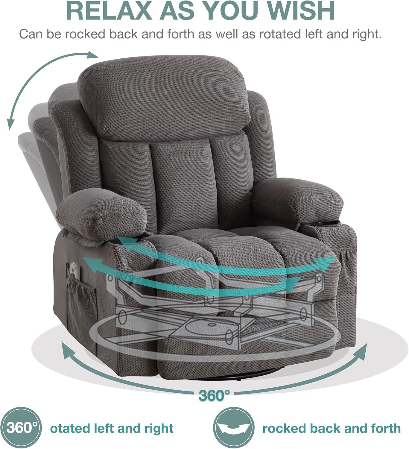 Massage Recliner Chair, Swivel and Rocking Recliner with Heat and Vibration, Breathable Fabric Ergonomic Single Sofa Chair for Living Room with Cup Holders, Side Pockets and USB (Grey)