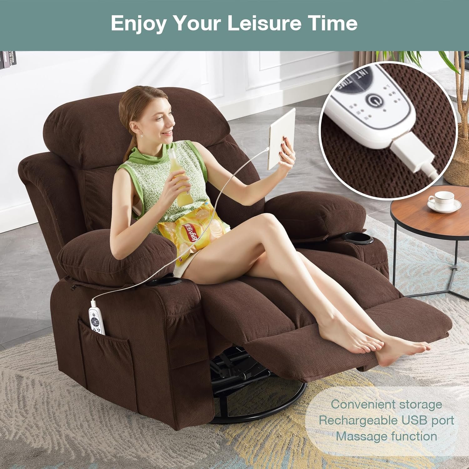 Massage Recliner Chair, Swivel and Rocking Recliner with Heat and Vibration, Breathable Fabric Ergonomic Single Sofa Chair for Living Room with Cup Holders, Side Pockets and USB (Grey)
