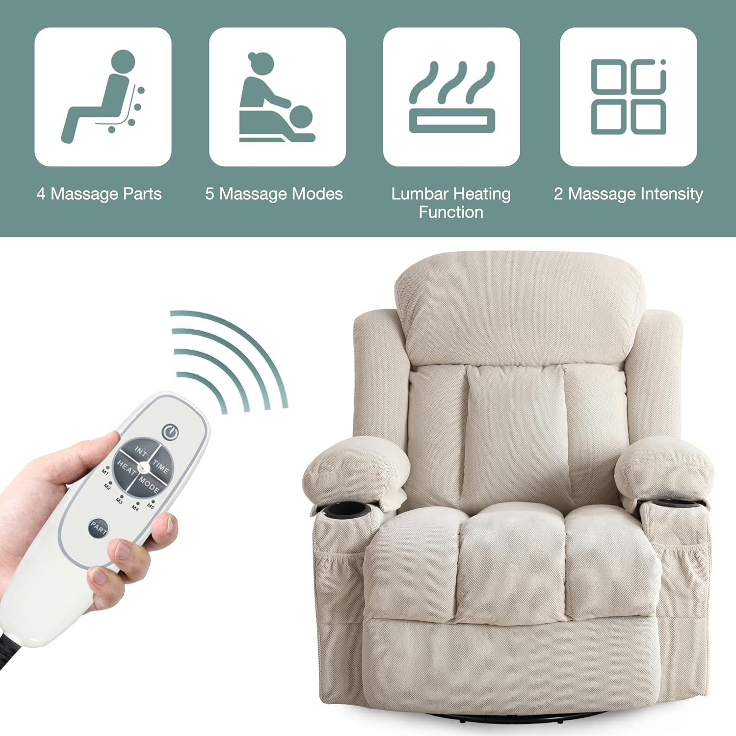 Massage Recliner Chair, Swivel and Rocking Recliner with Heat and Vibration, Breathable Fabric Ergonomic Single Sofa Chair for Living Room with Cup Holders, Side Pockets and USB (Grey)