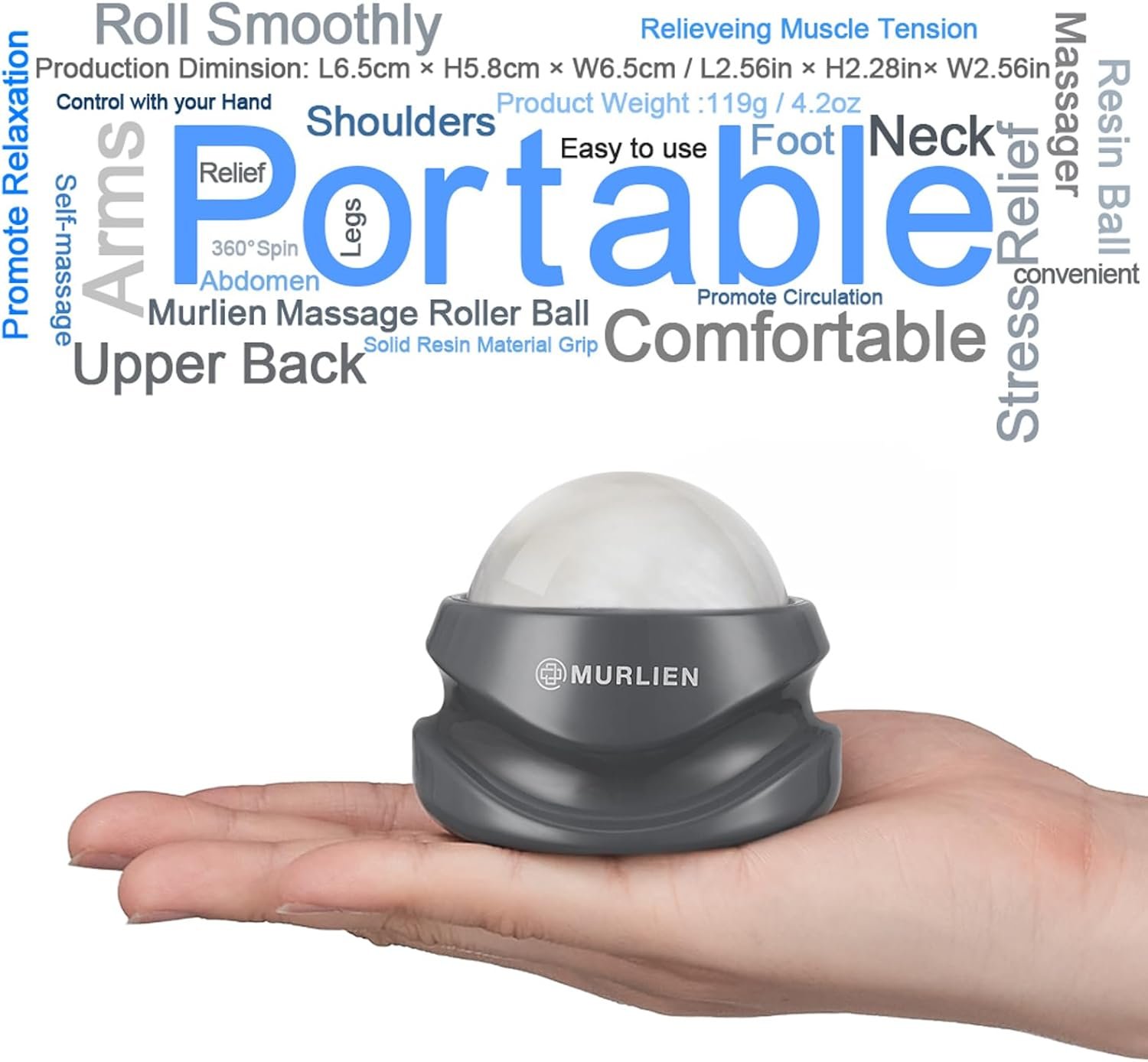 Massage Roller Ball, Tight and Sore Muscles Relief, Manual Massager, Alleviating Shoulder, Arms, Back, Legs, Calves or Muscle Tension - Gray
