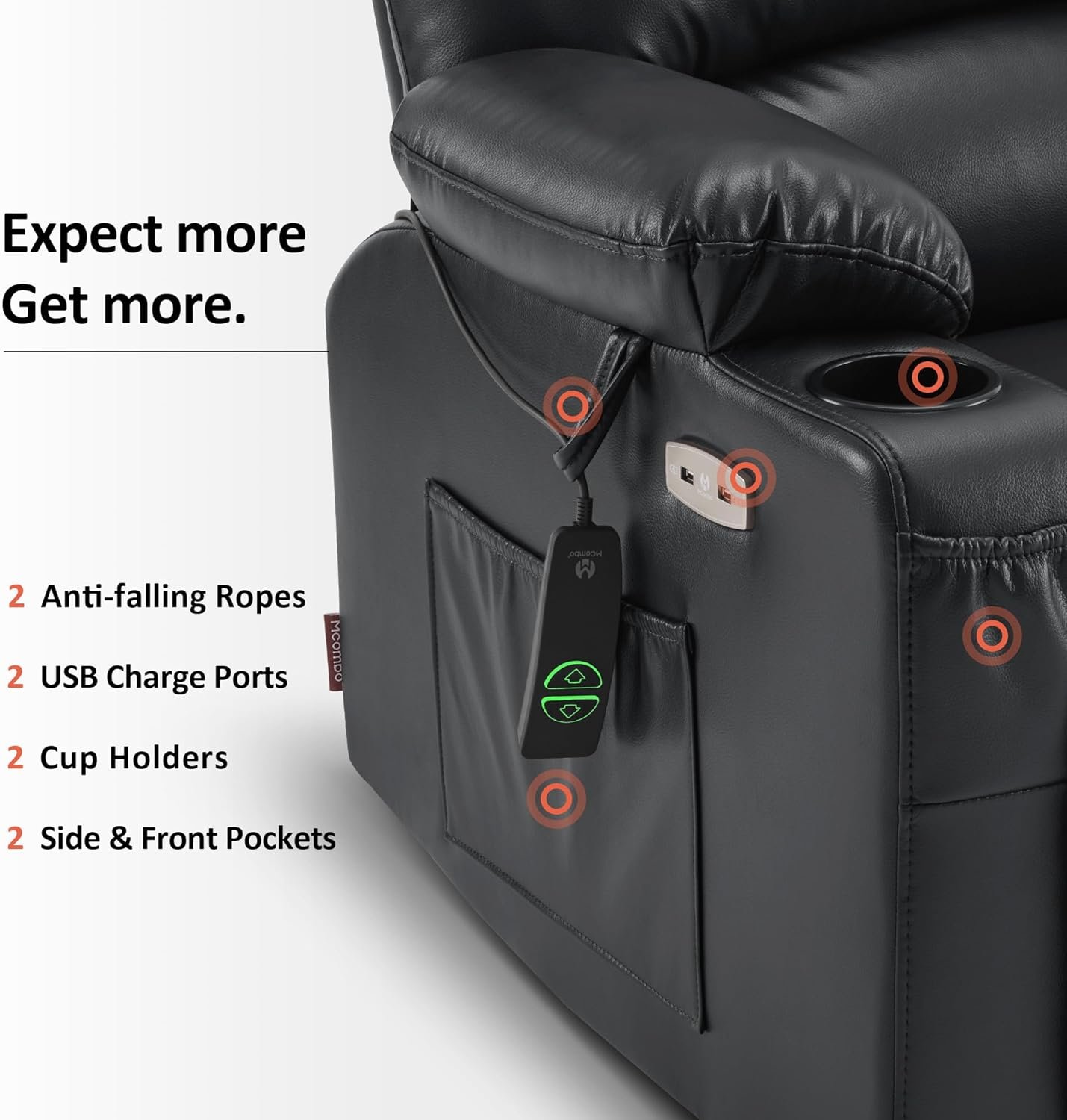 MCombo Power Lift Recliner Chair for Elderly, Lift Chair with Heat and Massage, USB Type C Ports, Cup Holders, Faux Leather 7095 (Medium, Grey)