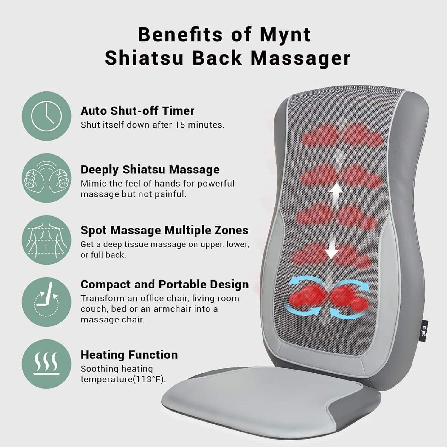 Mynt Black Acupressure Massage Chair Pad with 4 Deep Kneading Nodes, Shiatsu Back Massager for Chair with Heat, Heated Back Massage with a Cushion for Deep Tissue, Gift for Father Day