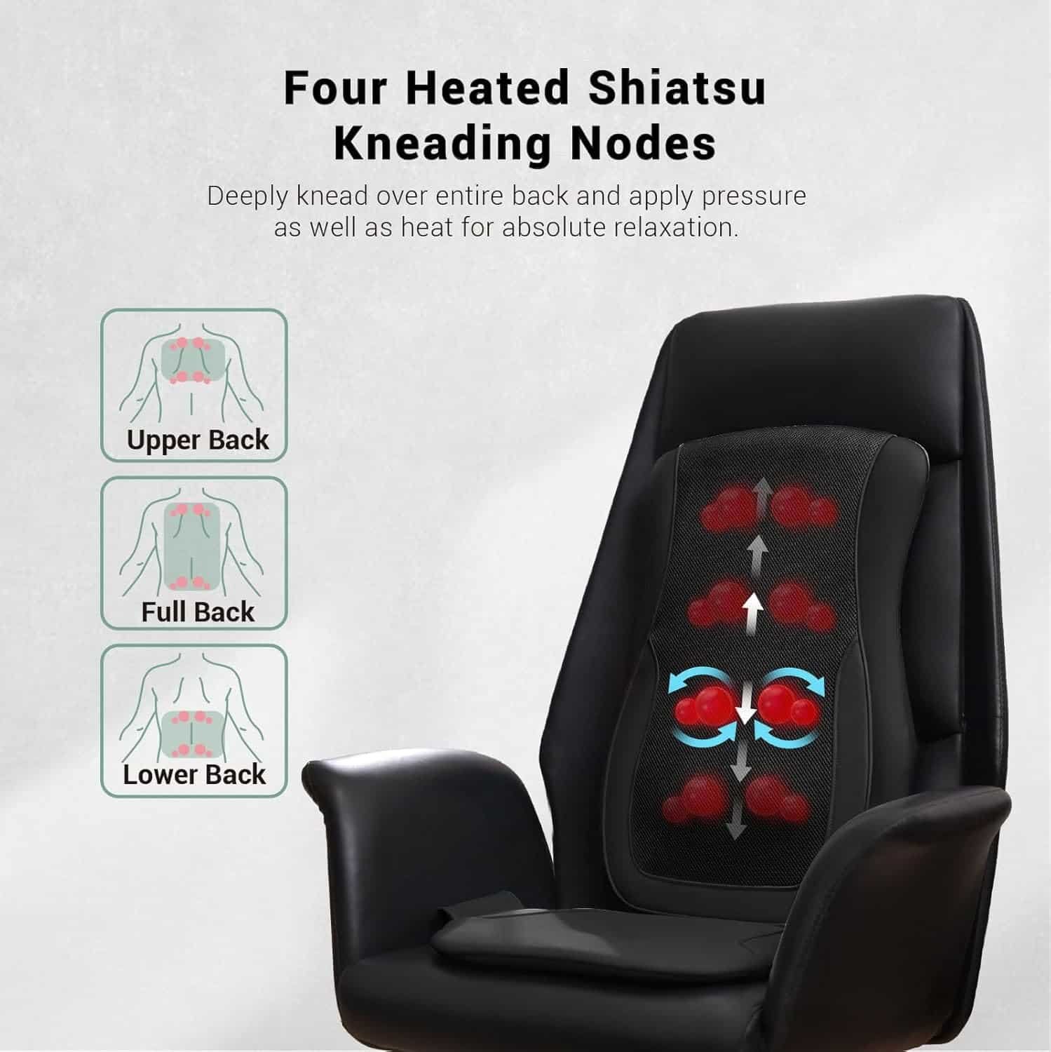 Mynt Black Acupressure Massage Chair Pad with 4 Deep Kneading Nodes, Shiatsu Back Massager for Chair with Heat, Heated Back Massage with a Cushion for Deep Tissue, Gift for Father Day