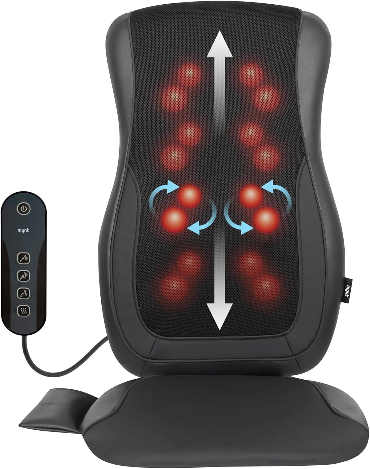 Mynt Black Acupressure Massage Chair Pad with 4 Deep Kneading Nodes, Shiatsu Back Massager for Chair with Heat, Heated Back Massage with a Cushion for Deep Tissue, Gift for Father Day