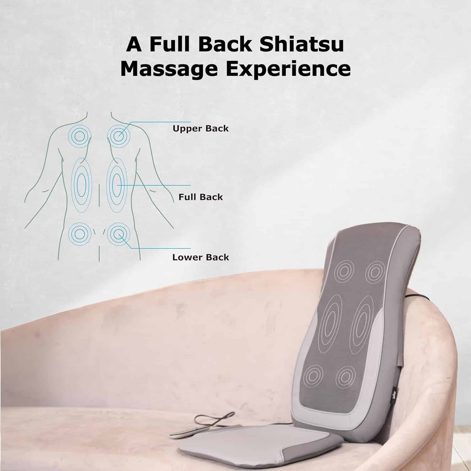 Mynt Gray Back Massager for Chair with Heat for Deep Tissue, Mesh Shiatsu Massage Chair Pad with 4 Deep Kneading Nodes, Heated Back Massage with a Seat Cushion