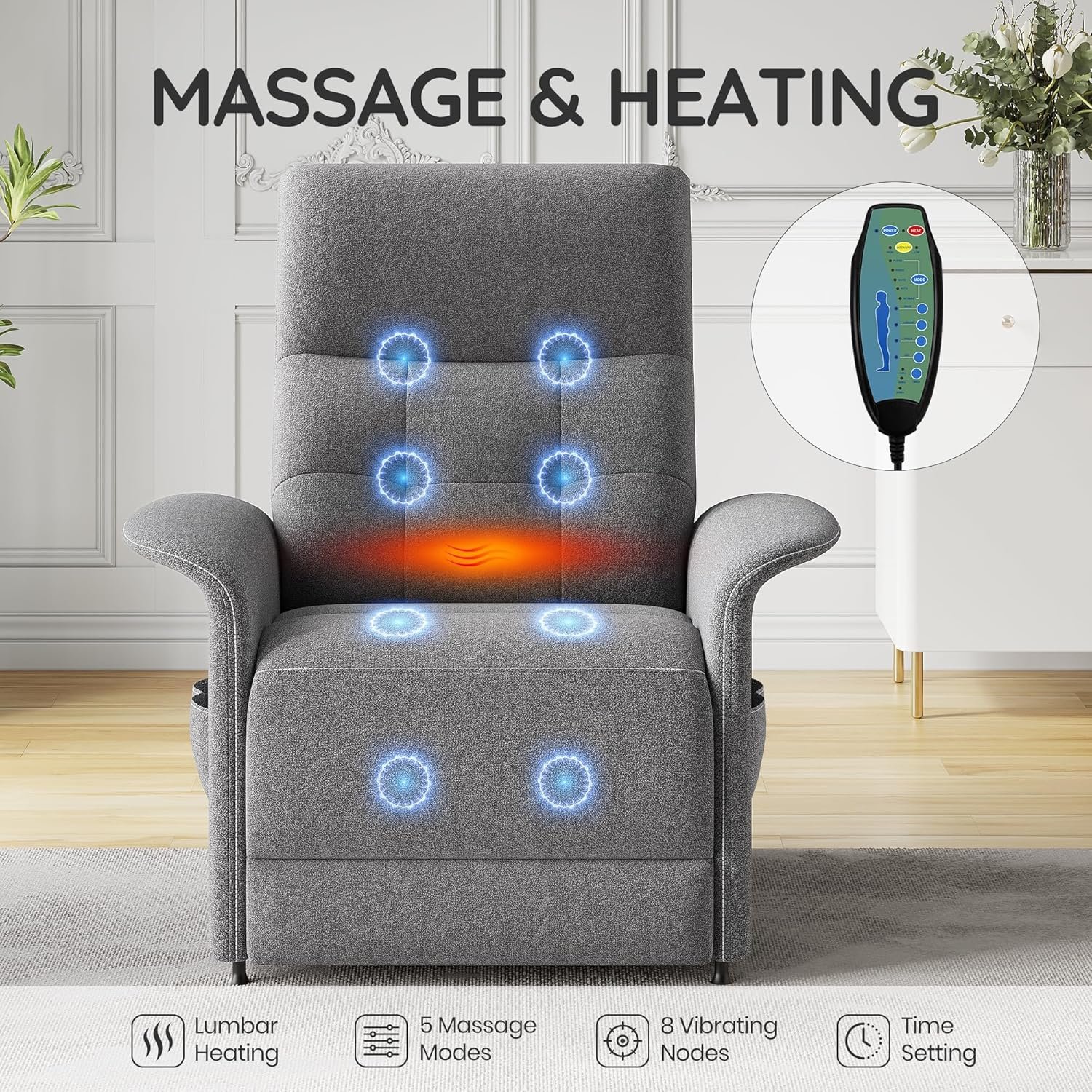 Power Recliner Chair for Adults with Heated and Massage, Adjustable Electric Reclining Chair Sofa, Single Sofa Home Theater Seating with Side Pocket