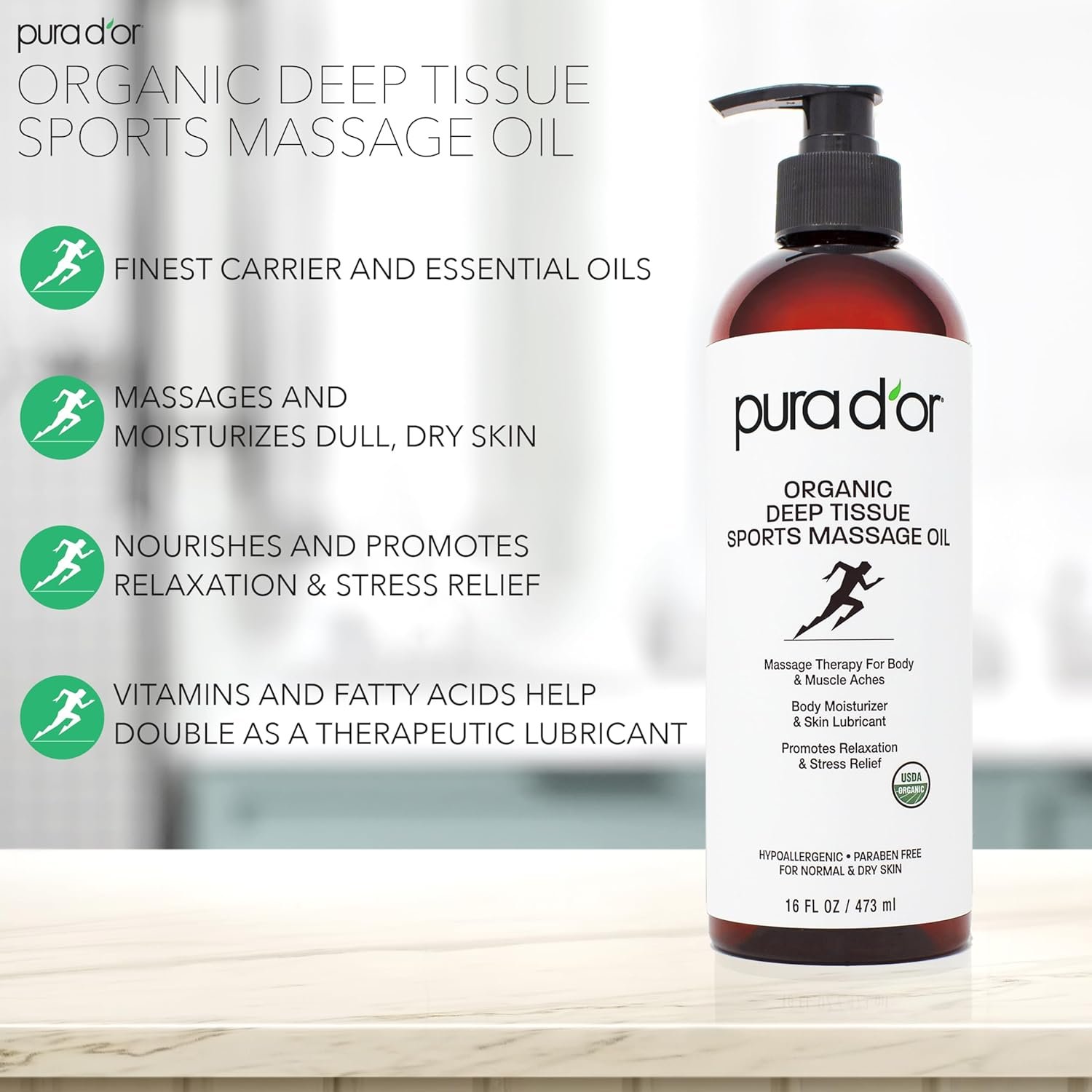 PURA DOR 16 Oz Organic Deep Tissue Sports Massage - Jojoba, Sunflower, Almond, Grapefruit  Eucalyptus Oils - Alleviate Muscle Soreness