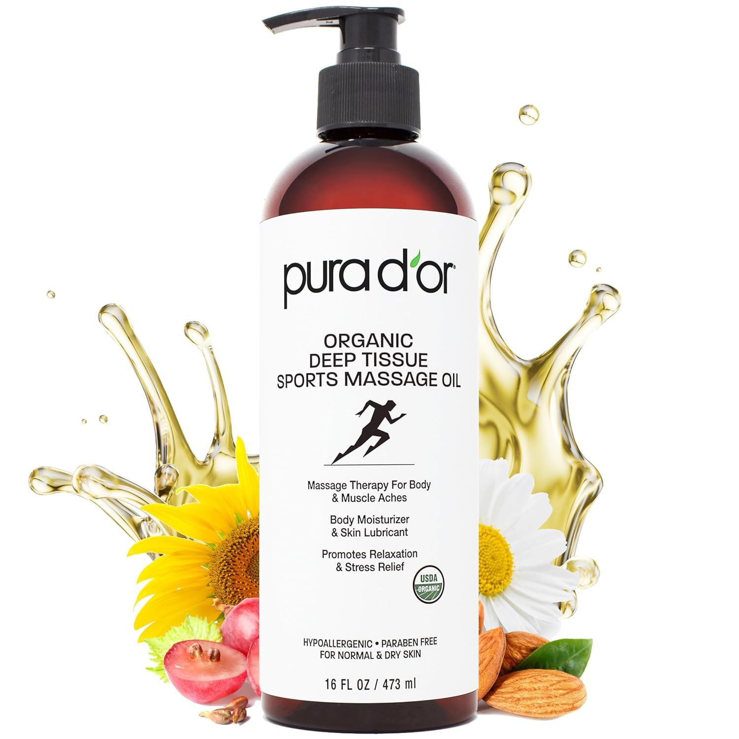 PURA DOR 16 Oz Organic Deep Tissue Sports Massage - Jojoba, Sunflower, Almond, Grapefruit  Eucalyptus Oils - Alleviate Muscle Soreness