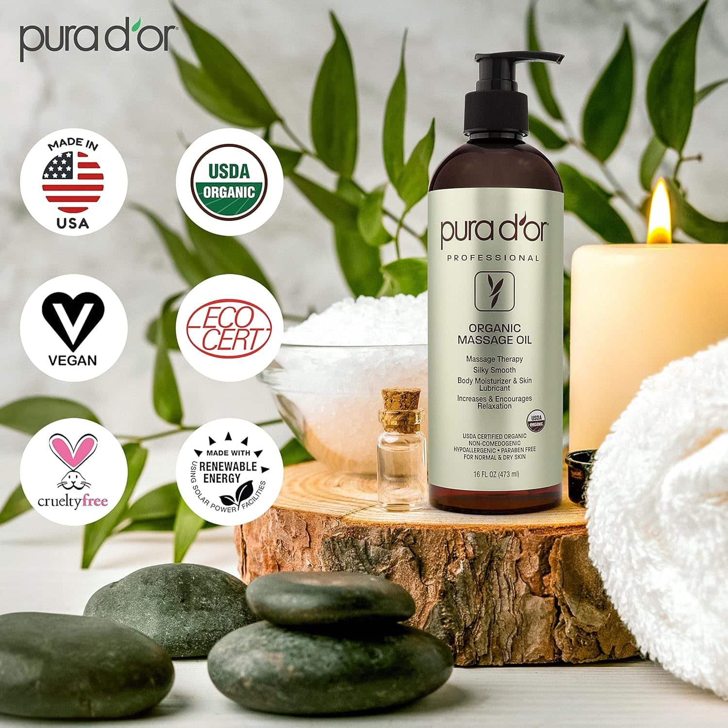 PURA DOR 16 Oz Organic Massage Therapy Oil USDA Certified Almond, Apricot, Argan, Ginger, Jojoba, Lavender Oils for Silky  Softer Skin, Body Moisturizer  Skin Lubricant