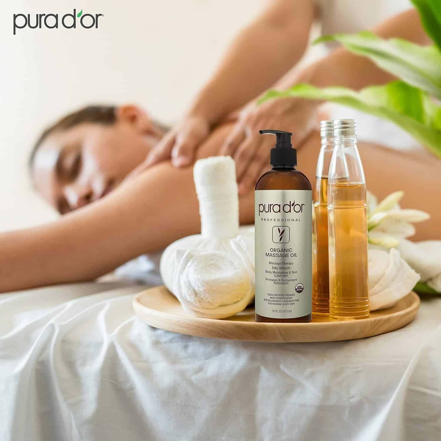 PURA DOR 16 Oz Organic Massage Therapy Oil USDA Certified Almond, Apricot, Argan, Ginger, Jojoba, Lavender Oils for Silky  Softer Skin, Body Moisturizer  Skin Lubricant