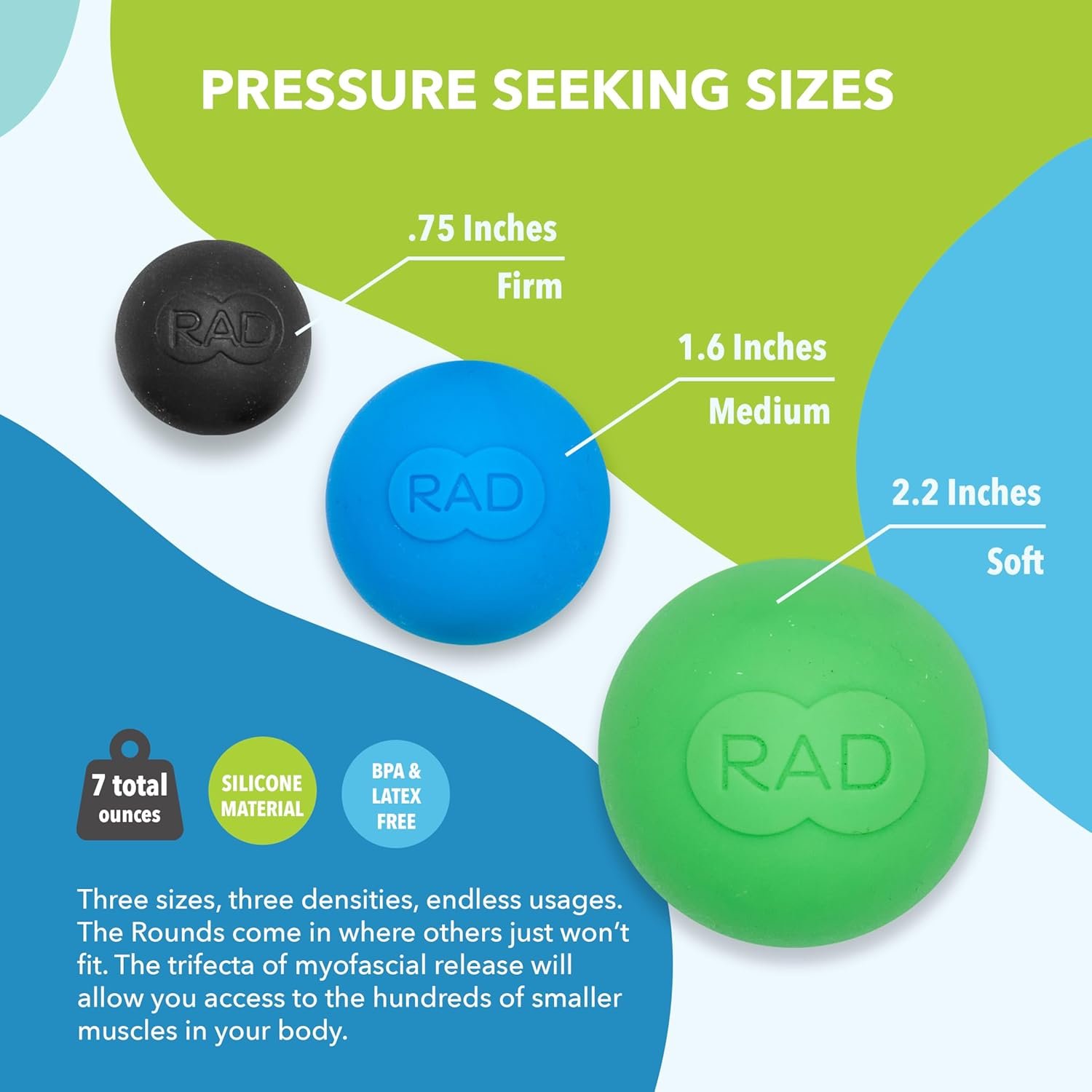 RAD Rounds – Extra Soft Yoga Deep Tissue Massage Ball Set – Myofascial Release Balls for Feet, Back, Neck, Jaw  Forearms – Trigger Point  Mobility Therapy (3-Pack)