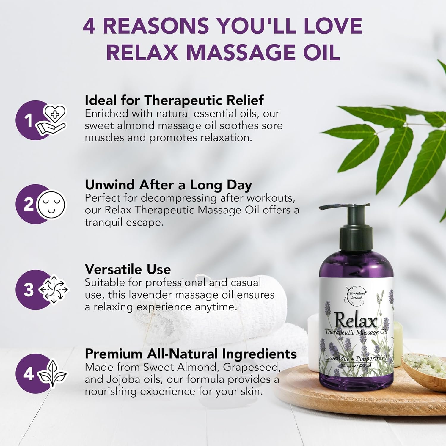 Relax Therapeutic Body Massage Oil - with Best Essential Oils for Sore Muscles  Stiffness – Lavender, Peppermint  Marjoram - All Natural - with Sweet Almond, Grapeseed  Jojoba Oil 8oz