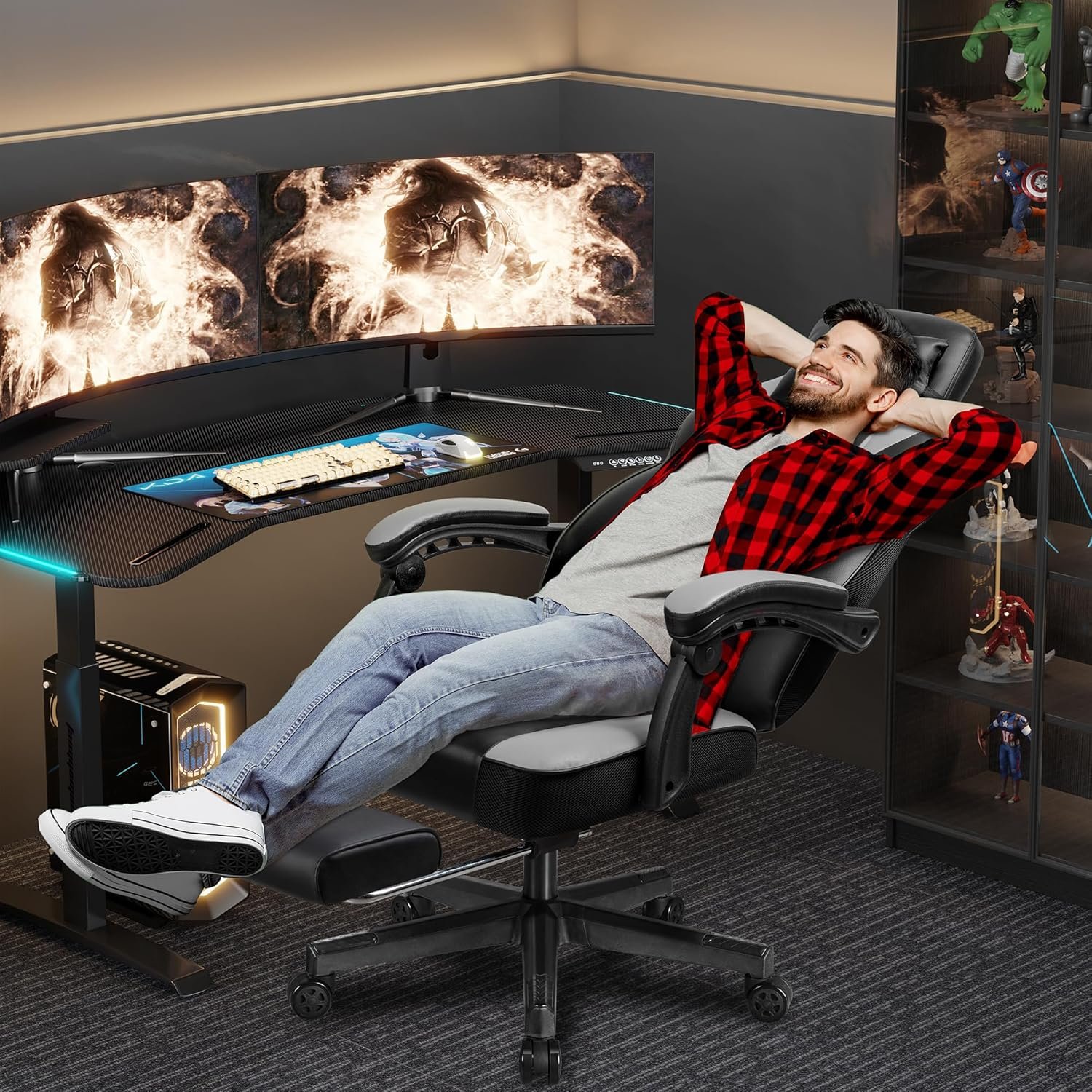 Shintenchi Gaming Chair,Video Game Chair with footrest and Massage Lumbar Support,Height Adjustable Game Chair with 360°Swivel Seat Ergonomic Computer Chair with Headrest for Office or Gaming(Grey)