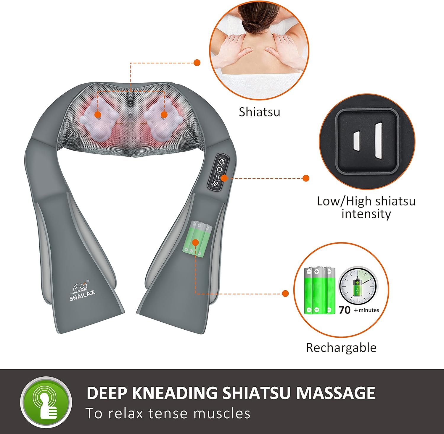 Snailax Cordless Massager - Shiatsu Neck and Shoulder Massager with Heat, FSA HSA Eligible, Portable, Lumbar, Foot Electric Massage Pillow, Christmas Gift