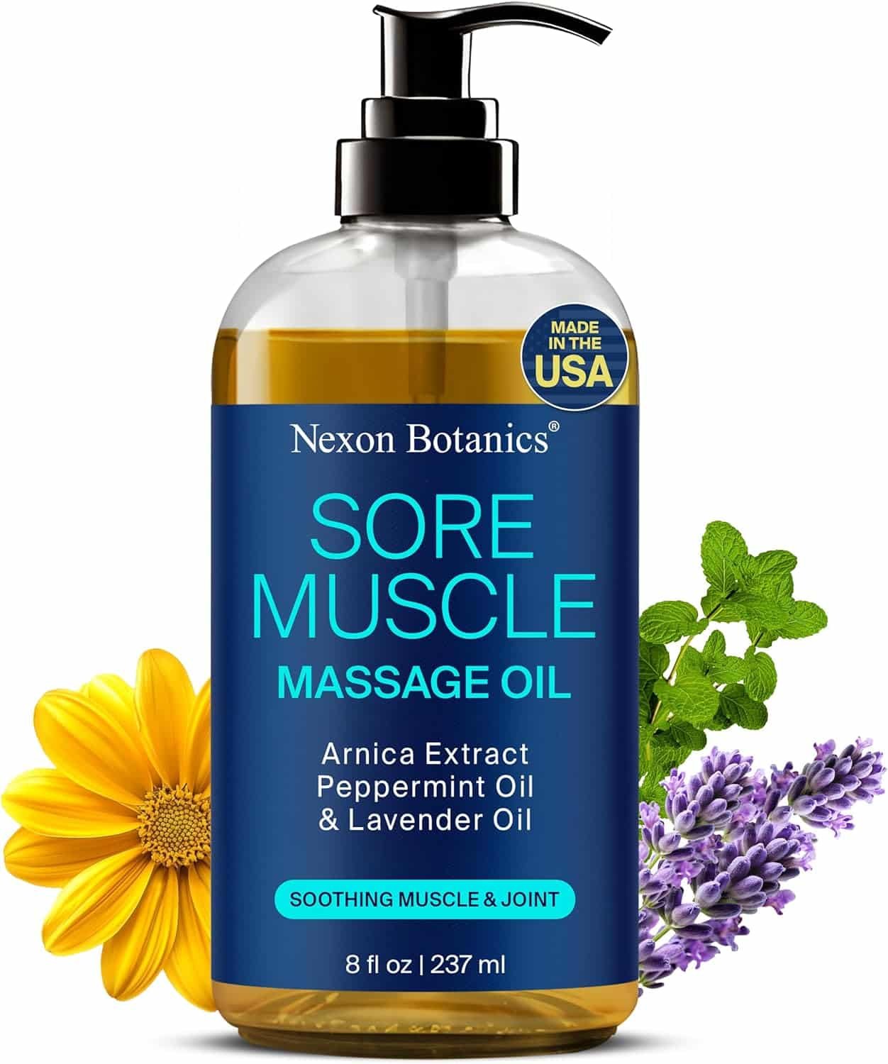 Sore Muscle Massage Oil 8 fl oz - Arnica Massage Oil for Therapy Sore Muscles - Peppermint Lavender for Body, Muscle Joint Relaxation - Nexon Botanics