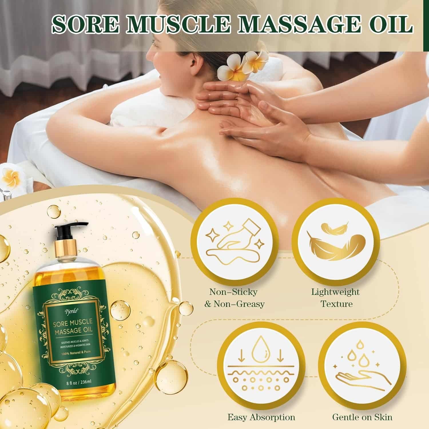 Sore Muscle Massage Oil for Massage Therapy, 8 fl oz Natural Body Massage Oil with Arnica  Lavender Oil, Muscle Relief, Relaxation, Tension and Skin Softening for Professional  Home Use