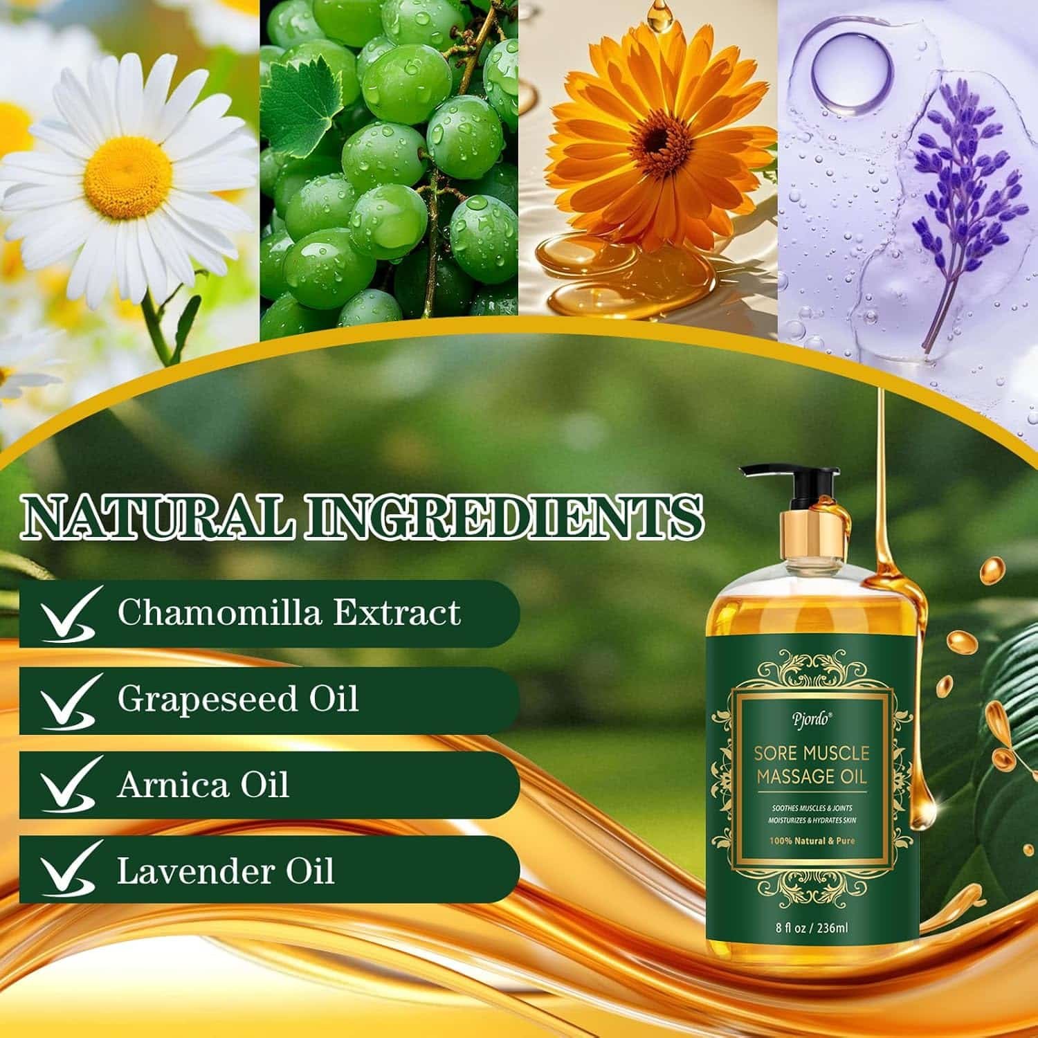 Sore Muscle Massage Oil for Massage Therapy, 8 fl oz Natural Body Massage Oil with Arnica  Lavender Oil, Muscle Relief, Relaxation, Tension and Skin Softening for Professional  Home Use