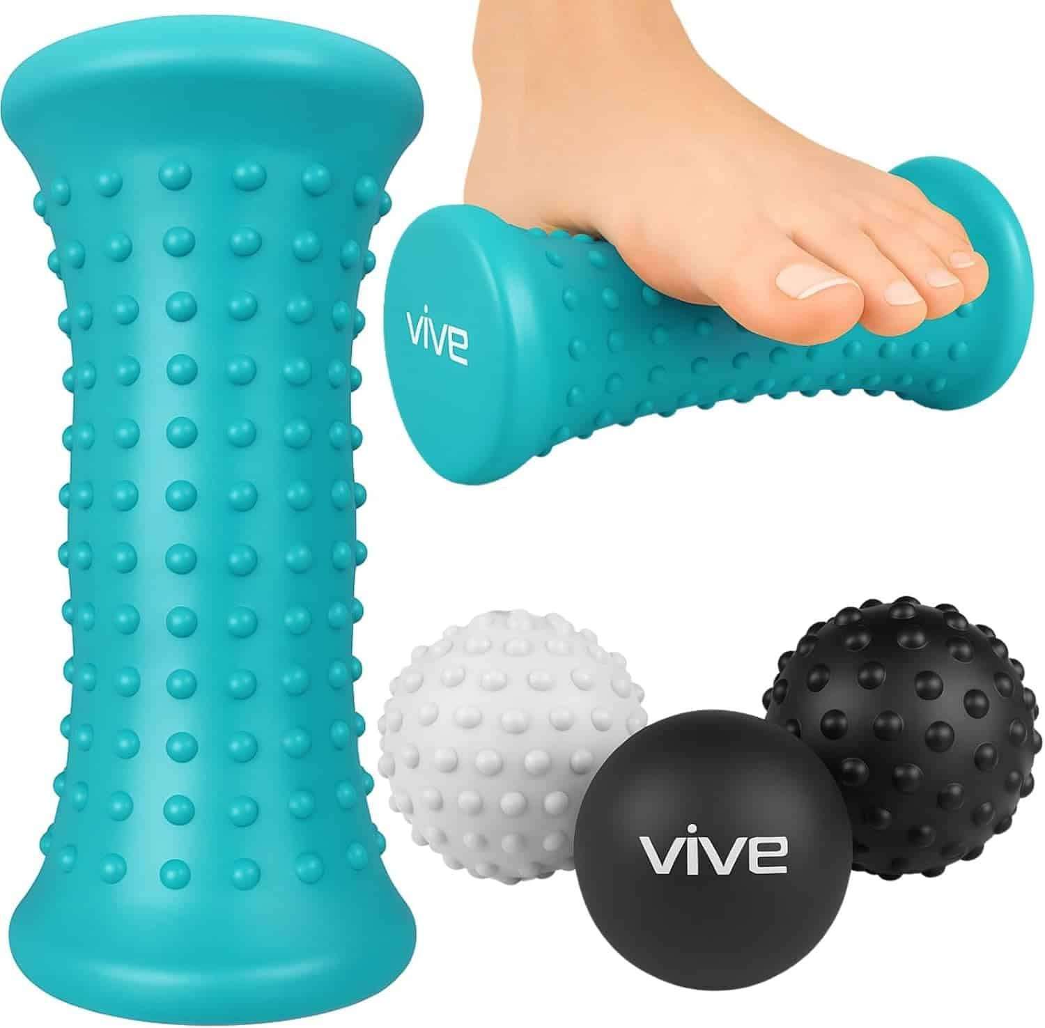 Vive Massage Ball Set (4 Piece) - Plantar Fasciitis Relief Foot Pain Hot Cold Therapy - Heel Spur, Sore Muscle, Trigger Point, Back, Arm, Neck, Shoulder, Leg Circulation Roller - FSA HSA Eligible