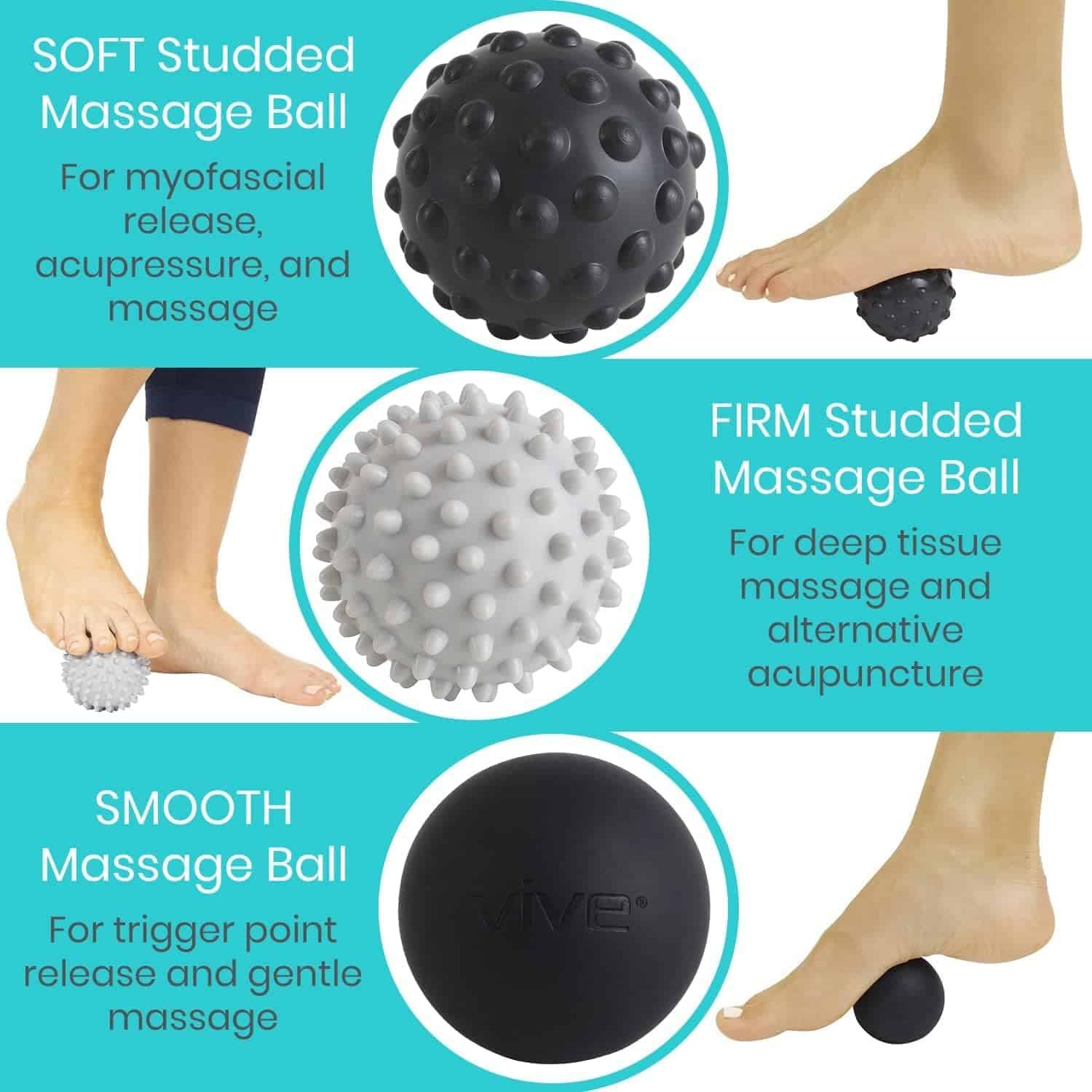 Vive Massage Ball Set (4 Piece) - Plantar Fasciitis Relief Foot Pain Hot Cold Therapy - Heel Spur, Sore Muscle, Trigger Point, Back, Arm, Neck, Shoulder, Leg Circulation Roller - FSA HSA Eligible