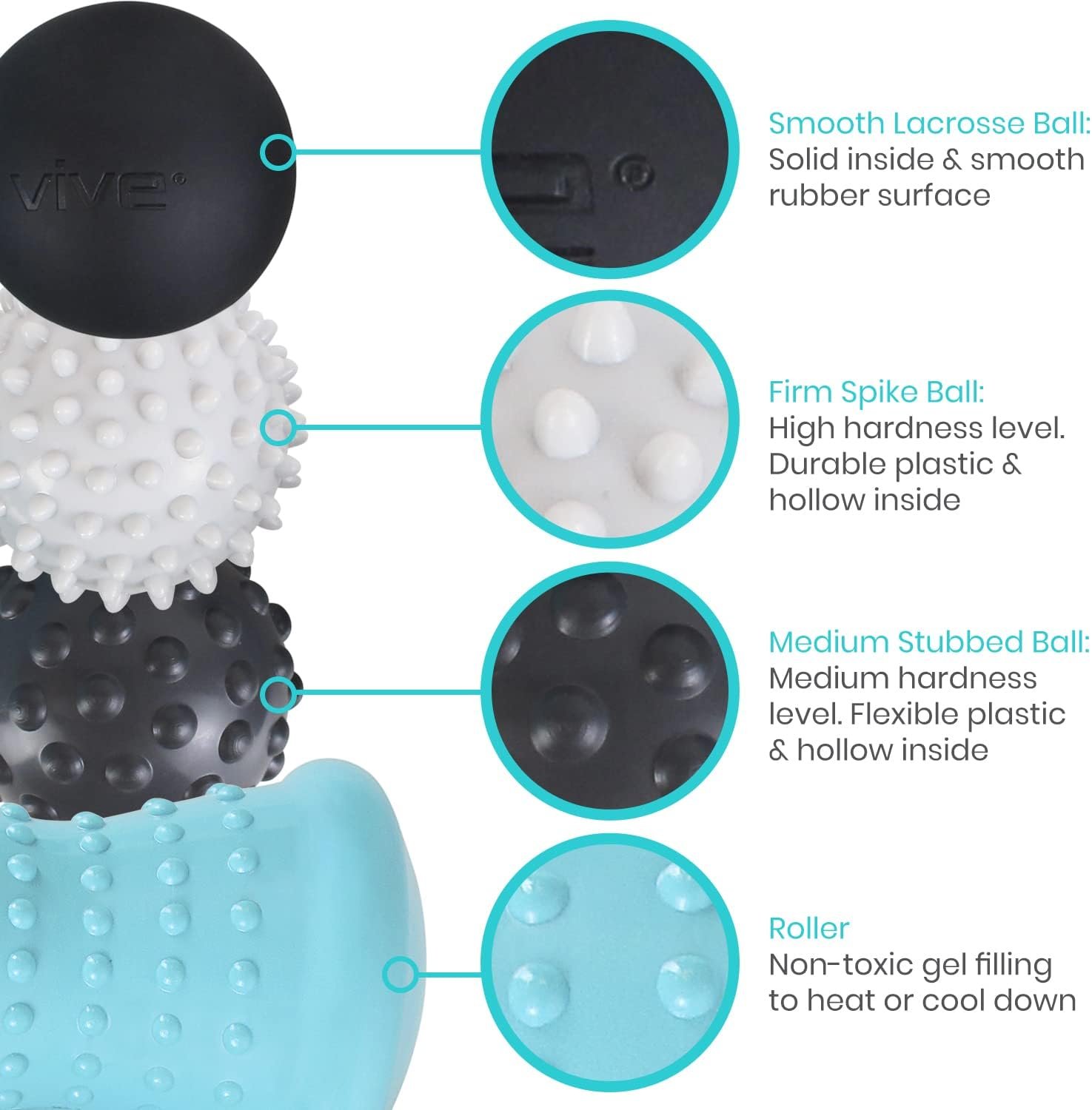 Vive Massage Ball Set (4 Piece) - Plantar Fasciitis Relief Foot Pain Hot Cold Therapy - Heel Spur, Sore Muscle, Trigger Point, Back, Arm, Neck, Shoulder, Leg Circulation Roller - FSA HSA Eligible