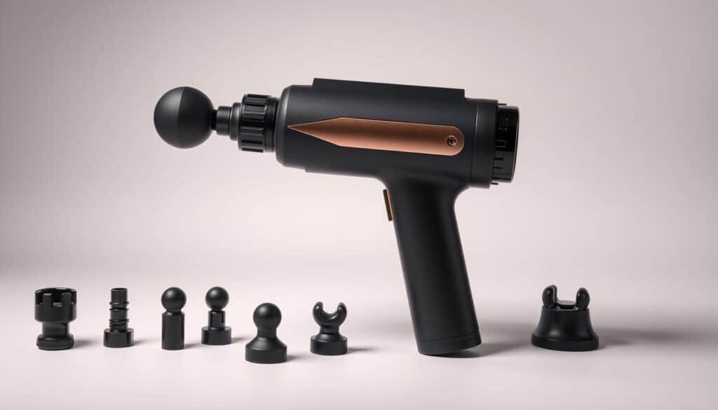 A budget massage gun with a sleek, modern design. The device is prominently displayed on a clean, minimalist background, showcasing its key features. The matte black casing contrasts with the metallic accents, giving it a premium look and feel. The massage gun's various attachments are neatly arranged around it, highlighting its versatility. Soft, directional lighting illuminates the product, emphasizing its well-crafted details and textures. The overall mood is one of simplicity, quality, and practicality - capturing the essence of a budget-friendly, yet high-performing massage tool.