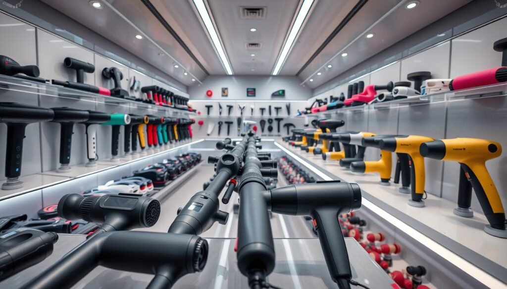 A bustling percussion massager market with an array of sleek, modern devices prominently displayed on shelves. Bright, directional lighting illuminates the glossy surfaces, highlighting their ergonomic designs and vibrant color schemes. In the foreground, several massage guns are showcased, their power buttons and speed settings clearly visible. The middle ground features a diverse selection of percussion massagers, each with unique features like attachments, LCD screens, and wireless charging capabilities. In the background, a minimalist, high-tech environment with clean lines and neutral tones creates a premium, professional atmosphere, hinting at the market's competitive nature and the latest industry trends.