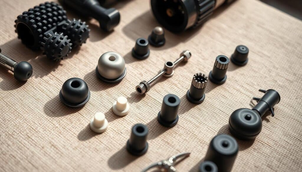 A close-up, detailed shot of an assortment of massage gun attachments, showcasing their versatility. The attachments are arranged neatly on a neutral-colored, textured surface, well-lit from the side to highlight their shapes and materials. The attachments should include a variety of heads, such as spherical, flat, and fork-shaped, made of different materials like rubber, plastic, and metal. The image should convey a sense of precision, functionality, and the wide range of options available to target specific muscle groups and massage needs.