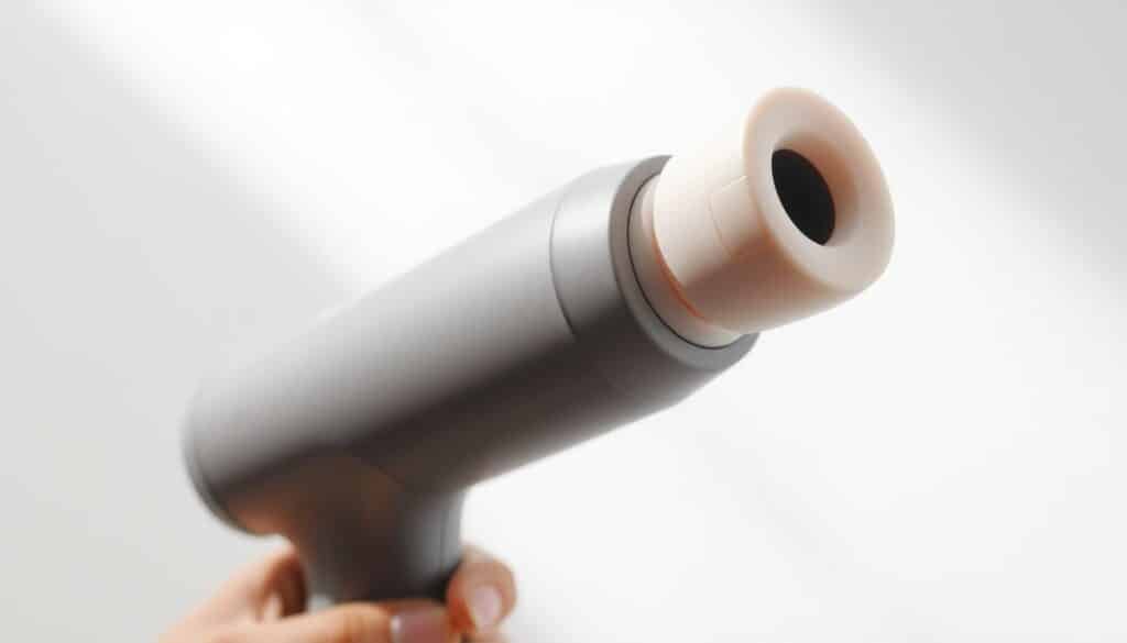 A close-up, high-resolution photograph of a modern, sleek massage gun designed for sensitive skin. The gun is held in a well-lit, minimalist, white background, showcasing its smooth, matte finish and ergonomic grip. The head attachment is close-up, revealing its soft, flexible silicone texture. The lighting creates a clean, clinical atmosphere, emphasizing the device's soothing, therapeutic nature. The focus is sharp, capturing every detail of the massage gun's thoughtful, user-centric design, intended to provide a gentle, personalized massage experience for those with delicate or irritable skin.
