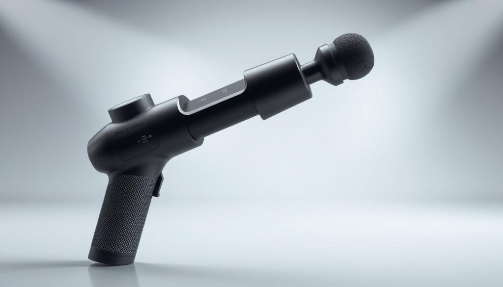 A close-up, high-resolution rendering of a percussion massage gun, showcasing its key features in a well-lit, studio-like setting. The device is positioned prominently in the center, with a clean, minimalist background that allows the details to stand out. The massager has a sleek, modern design with a textured grip, visible speed and intensity controls, and a detachable attachment head. Bright, directional lighting from the side and above accentuates the contours, textures, and overall quality of the product. The image conveys a sense of professionalism, attention to detail, and the thoughtful engineering that went into the design of this massage tool.