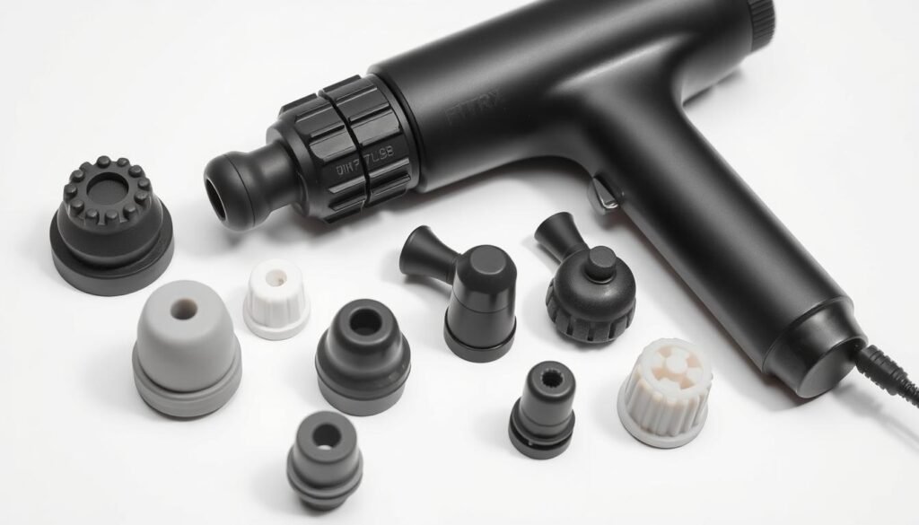 A close-up shot of a collection of massage gun attachments arranged on a clean, white background. The attachments are made of high-quality materials, including various shapes and sizes of silicone and plastic heads, showcasing the versatility of the fitrx pro massage gun. The attachments are lit from above, creating soft, even shadows that highlight their textures and contours. The image has a professional, minimalist aesthetic, emphasizing the features and functionality of the massage gun accessories.