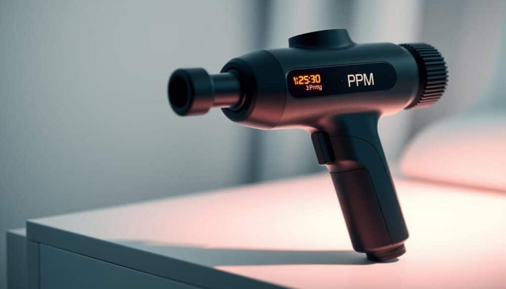 A close-up shot of a massage gun display, showcasing the percussions per minute (PPM) specification prominently featured on the digital readout. The gun is positioned on a sleek, minimalist surface, surrounded by a soft, diffused lighting setup that highlights the technical details. The background is blurred, maintaining focus on the massage gun and its key metric. The overall mood is one of precision, functionality, and a sense of the gun's power and efficacy in delivering targeted pain relief.